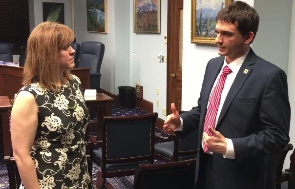 CED Executive Director Nolan Klouda discusses entrepreneurship in Alaska with Senator Mia Costello.