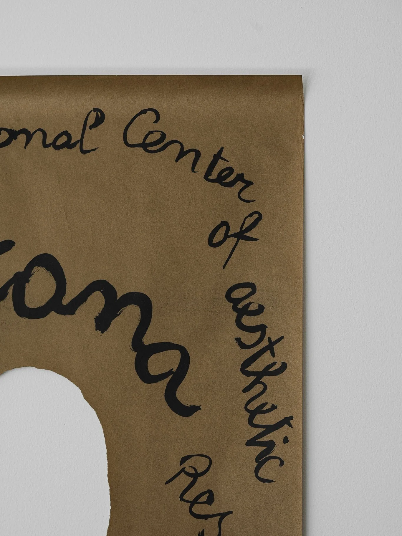 Original 1962 Lucio Fontana exhibition poster with hand-drawn black text on brown kraft paper and signature central cut-out.