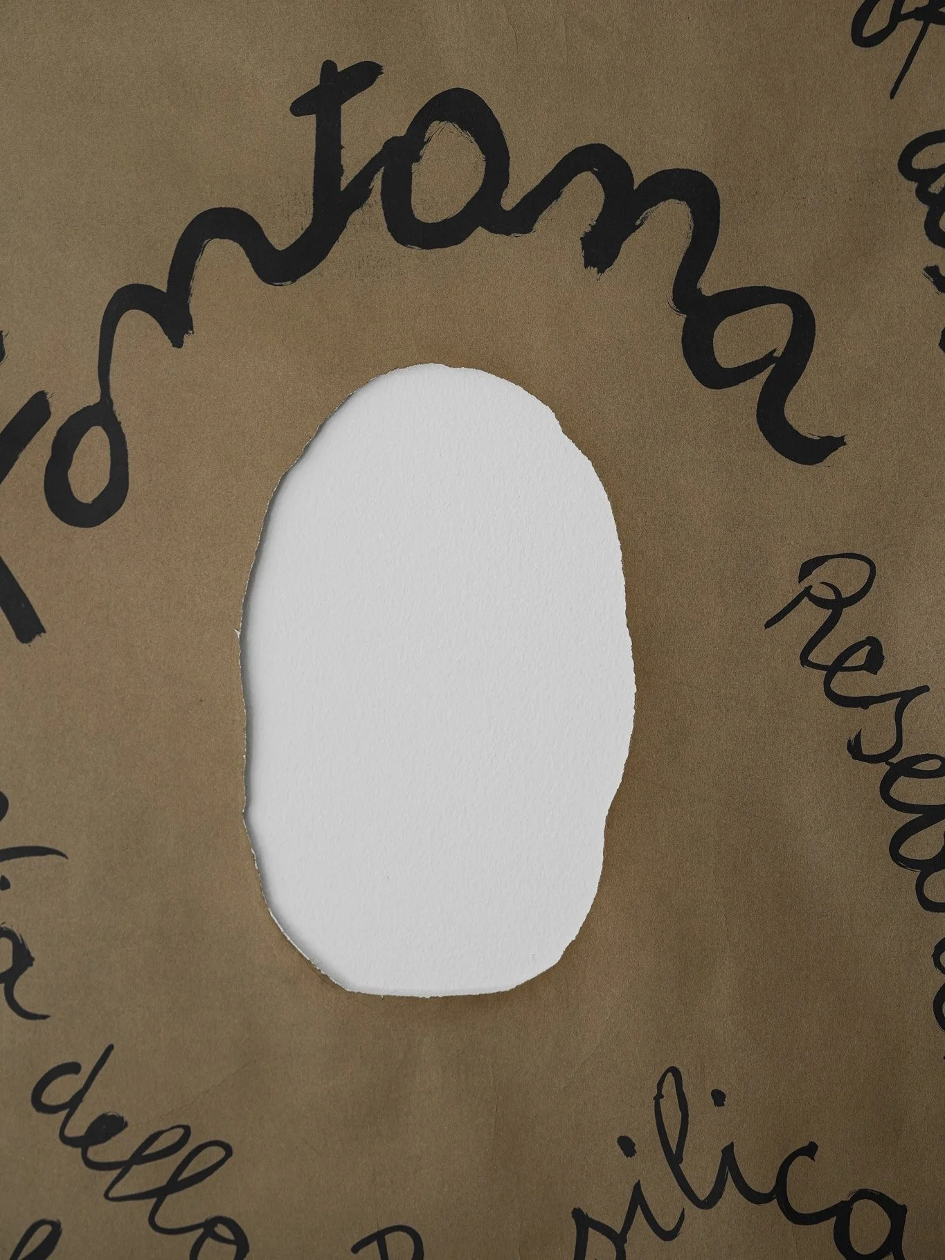 Original 1962 Lucio Fontana exhibition poster with hand-drawn black text on brown kraft paper and signature central cut-out.