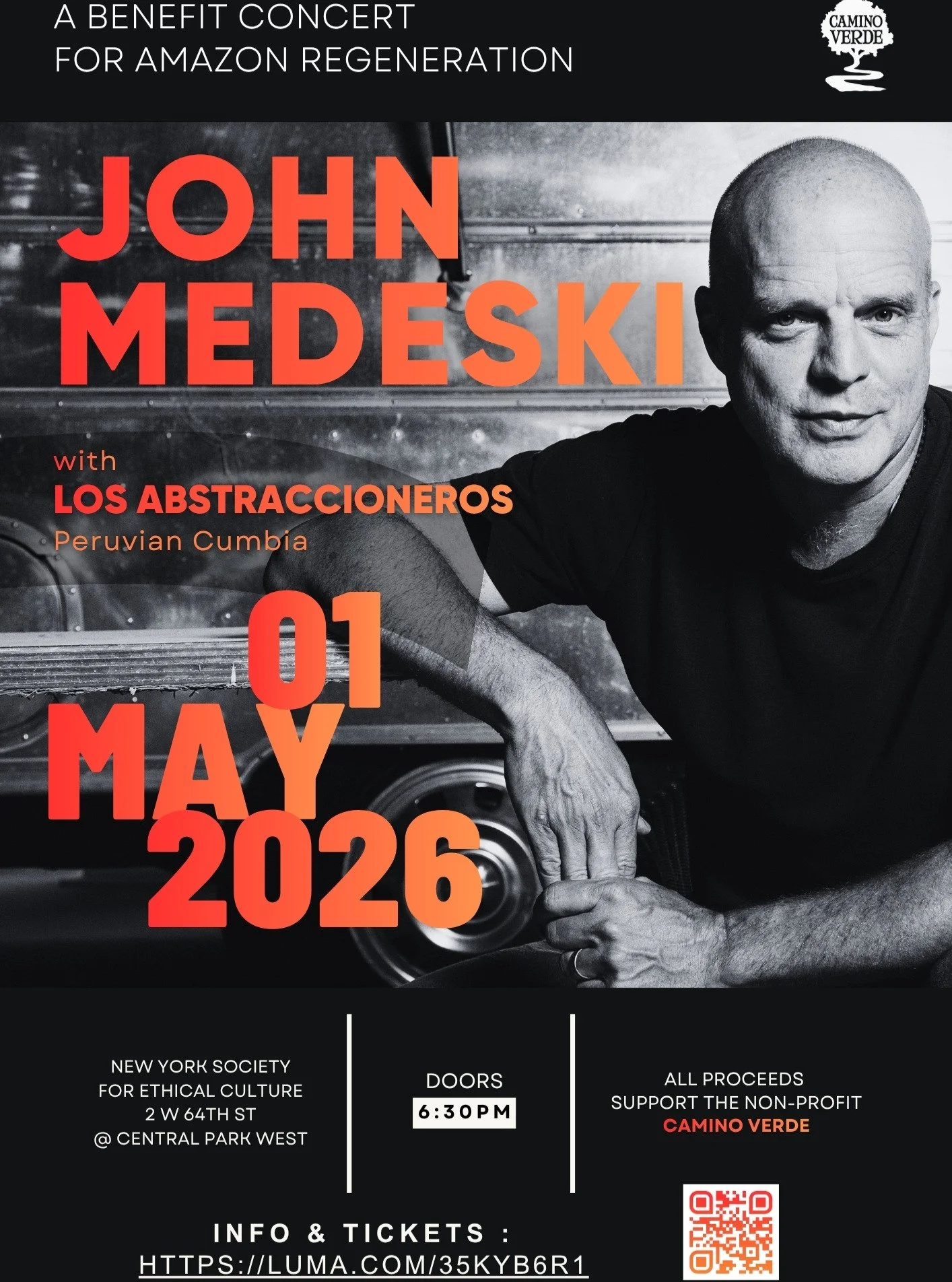 A rare night of music in NYC.

John Medeski live, joined by Los Abstraccioneros (Peruvian cumbia).

📍 New York Society for Ethical Culture
🗓 May 1
⏰ Doors 6:30 PM

All proceeds support Amazon regeneration with Camino Verde.

🎟 Tickets: https://lum