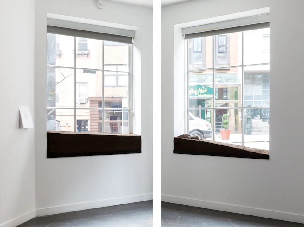 Moving Earth/Moviendo Tierra, 2017 | Permit to receive foreign soil/organic material in the U.S. | Adobe brick imported from Saltillo, Mexico | Rammed soil from Home Depot, NYC | Installation at Instituto Cervantes curated by Carolina Castro Jorquera | Photos by Martyna Szczesna
