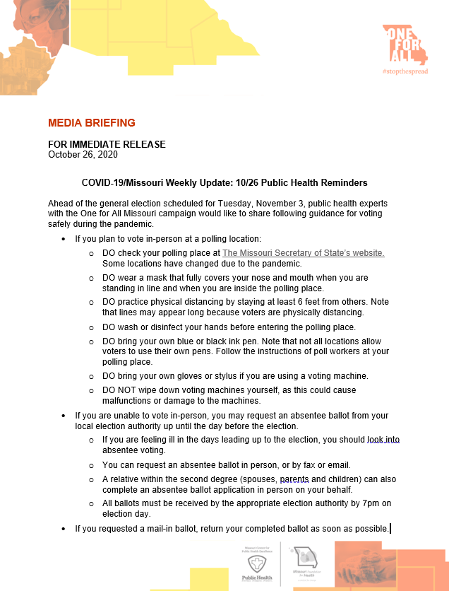 COVID-19/Missouri Weekly Update: 10/26 Public Health Reminders