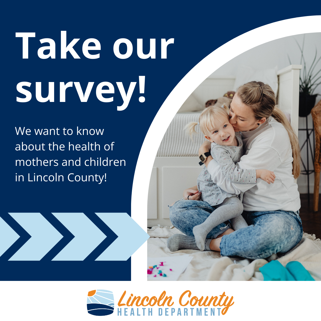 Image of mom and child. With words "please take our survey"