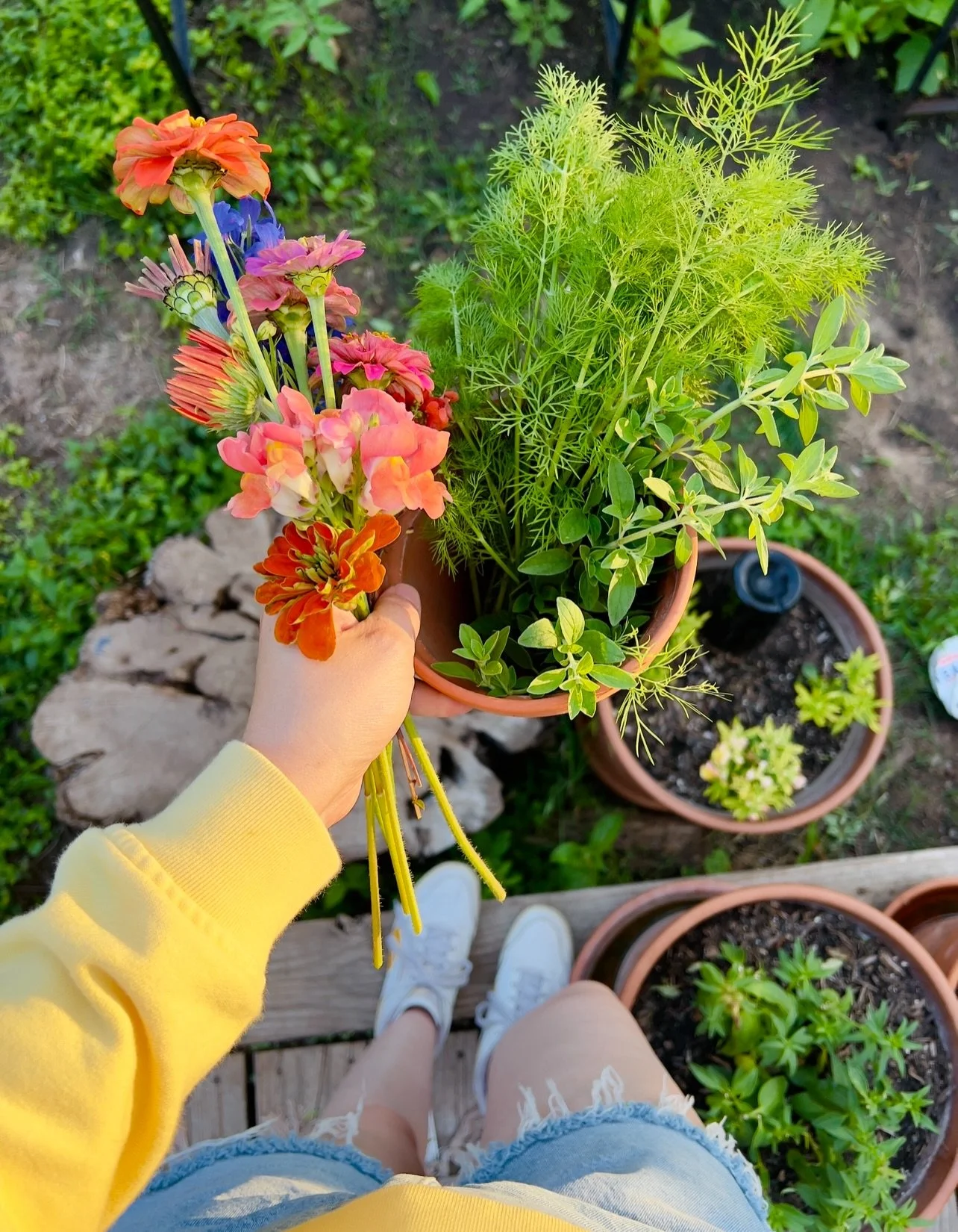 spring things only 🌼 
-the garden gathers have begun
-so much flower arranging ☺️
-my watering assistant 
-family dinners
-sweet friends
-did I say flowers?
-who is Al Fresco? 🧀
-ngl the seeds I saved from our flowers are kicking the seed packets&r