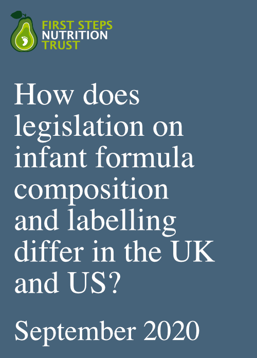How does legislation on infant formula composition and labelling differ in the UK and US?