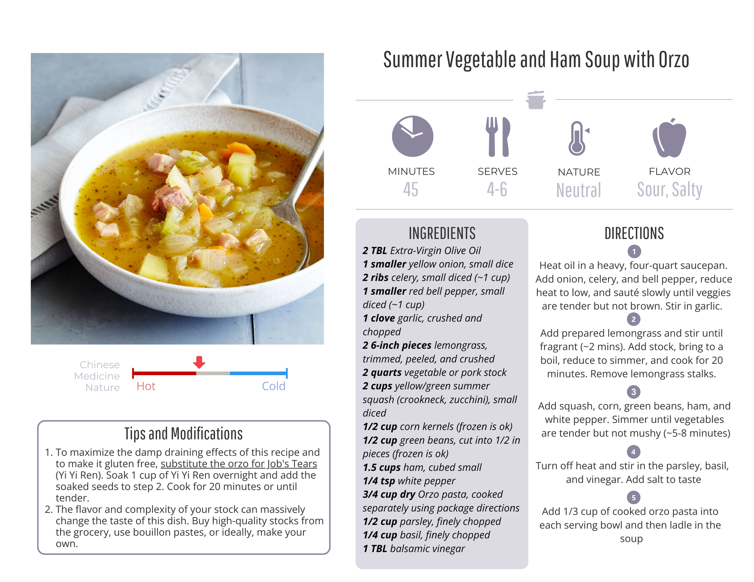 Summer Vegetable Soup with Ham and Orzo