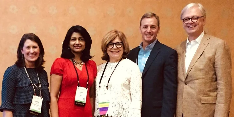 (Left to Right) Amanda Mewborn (Piedmont), Sheba Ross (HKS), Rosalyn Cama (CAMA), Steve Higgs (CBRE) and Bob Farrow (HKS) at the 2017 Healthcare Design Conference. October 2017.