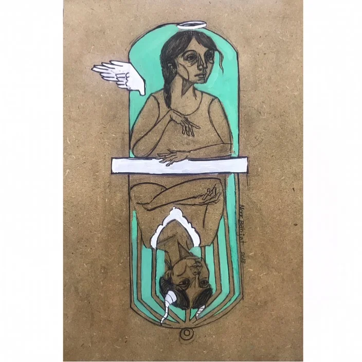 Angel and demon -45x30 cm-Ink and Acrylic on wood-2019-Dubai