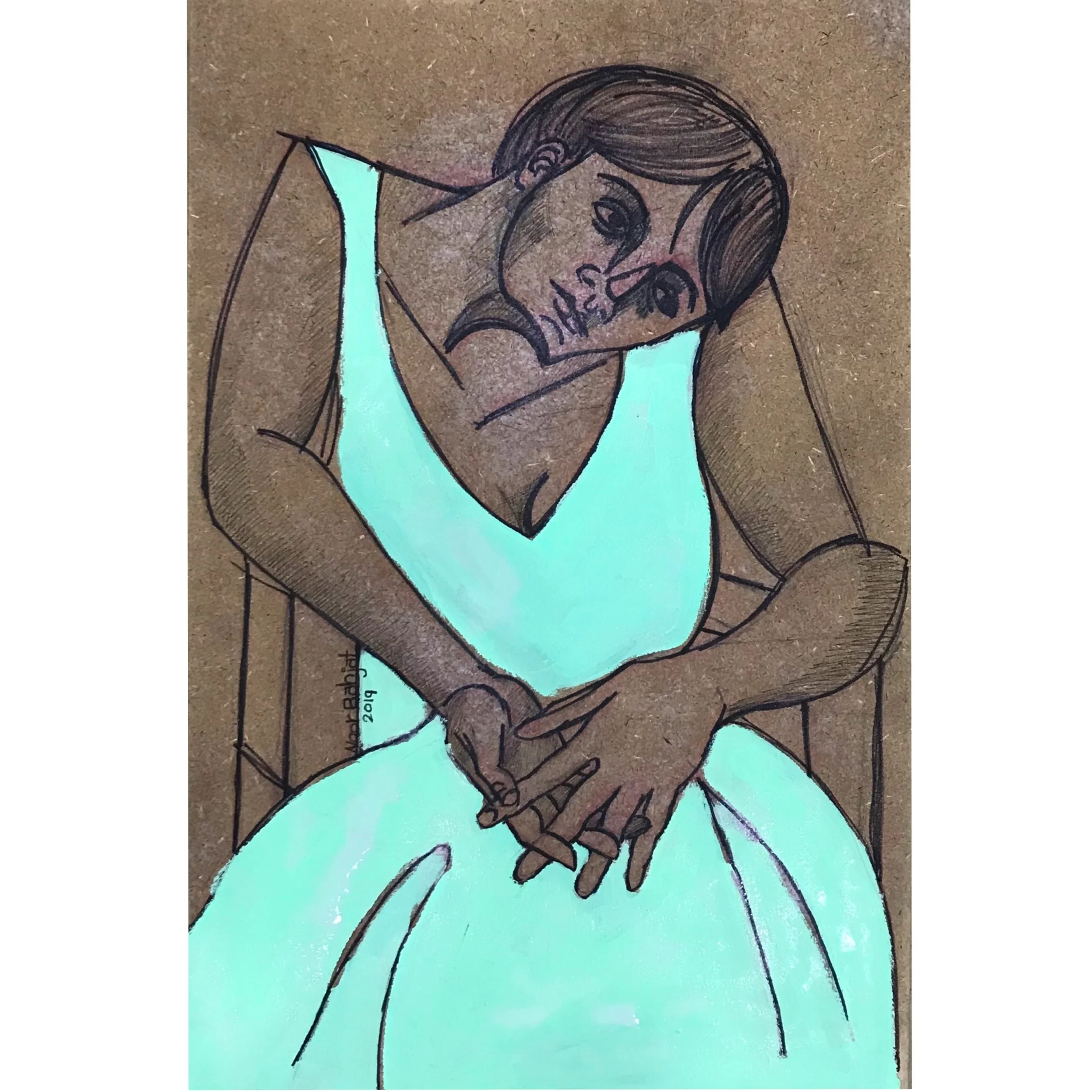 Woman with a dress -45x30 cm-Ink and Acrylic on wood-2019-Dubai