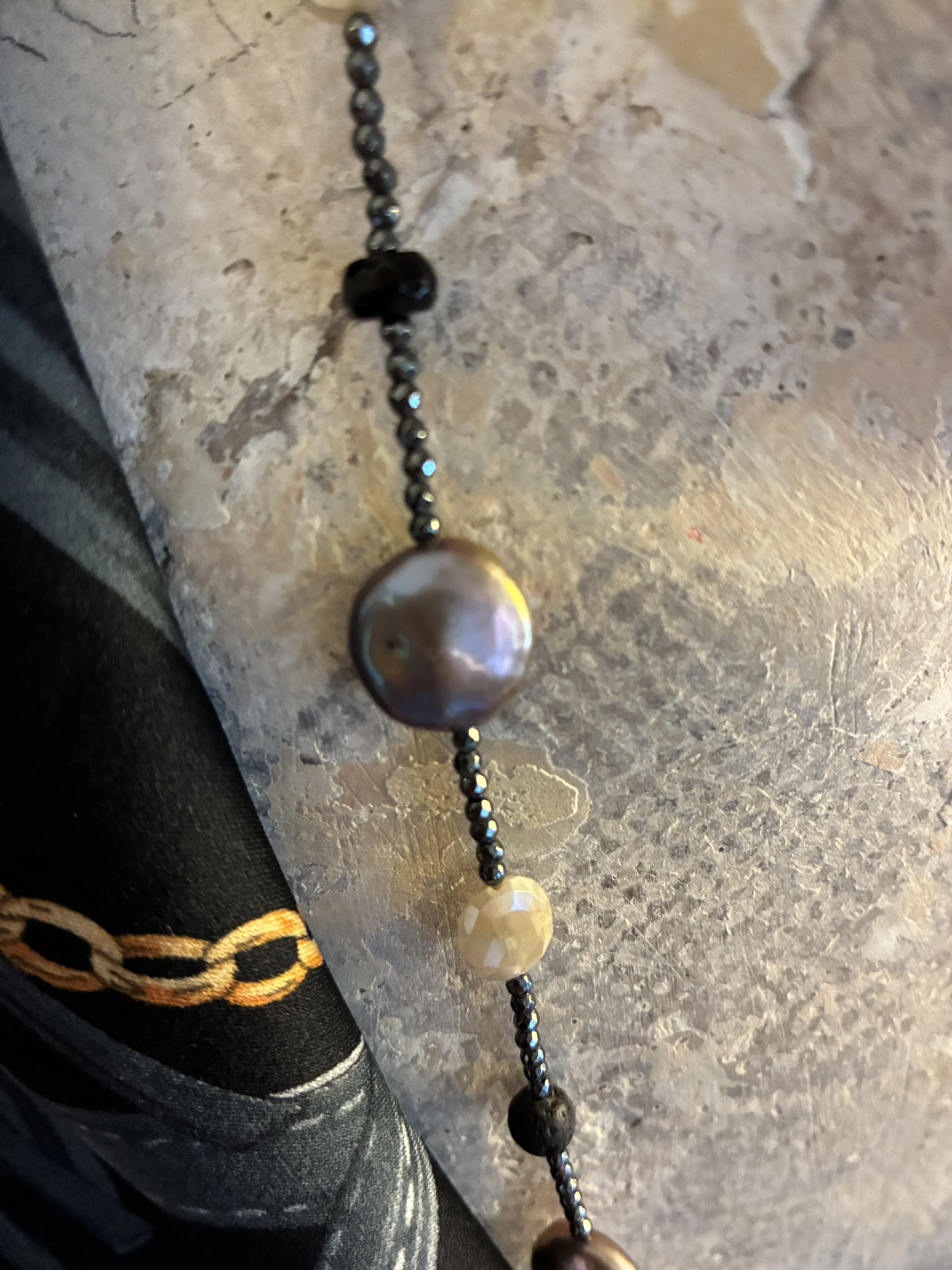 Peacock Pearl, Blue Spinel and Moonstone Necklace