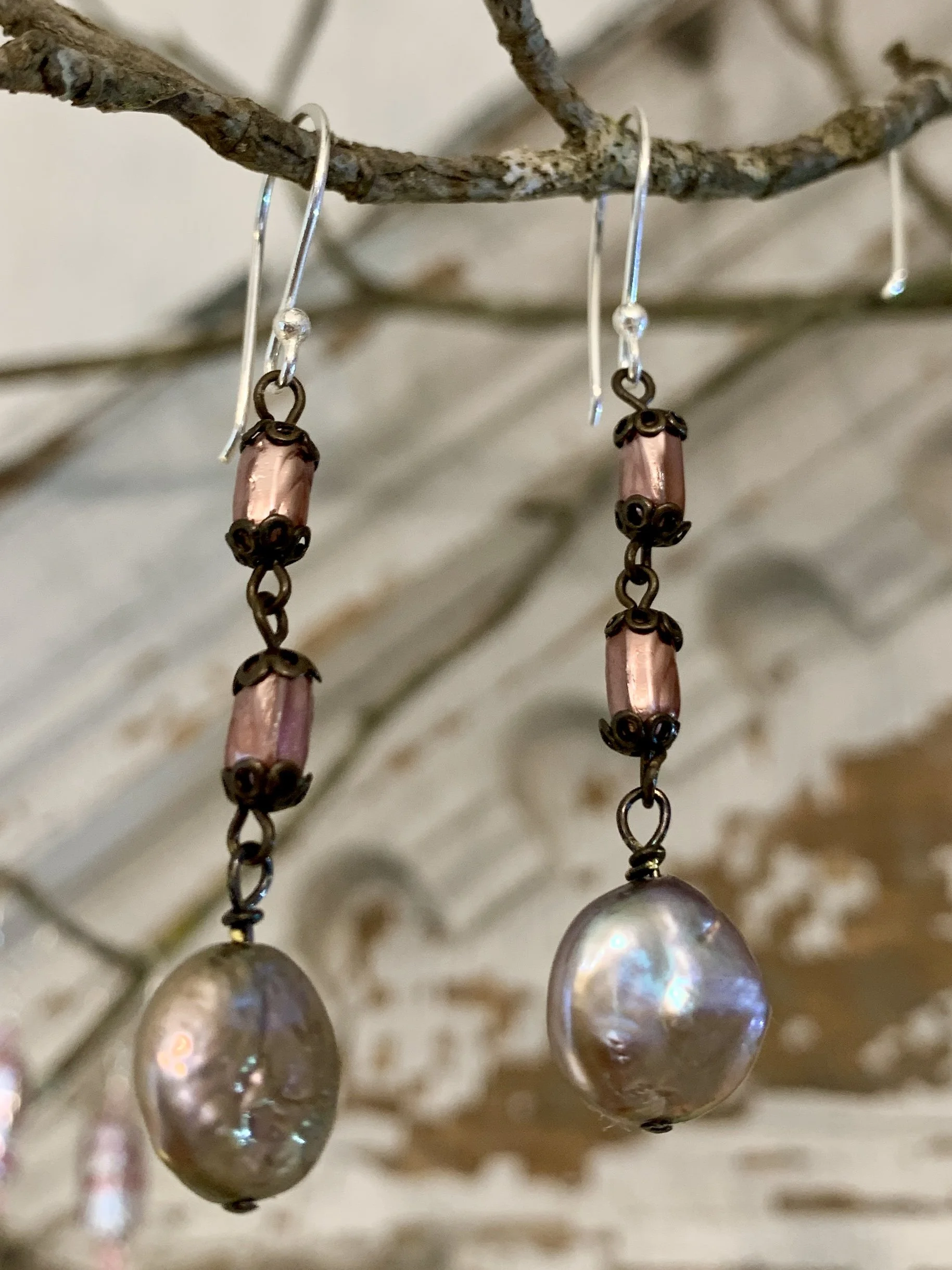Light Bronze Coin Pearl Earrings