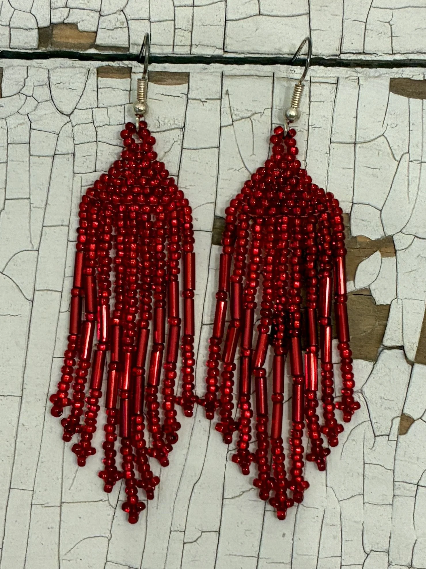 Holiday Red Beaded Fringe Earrings