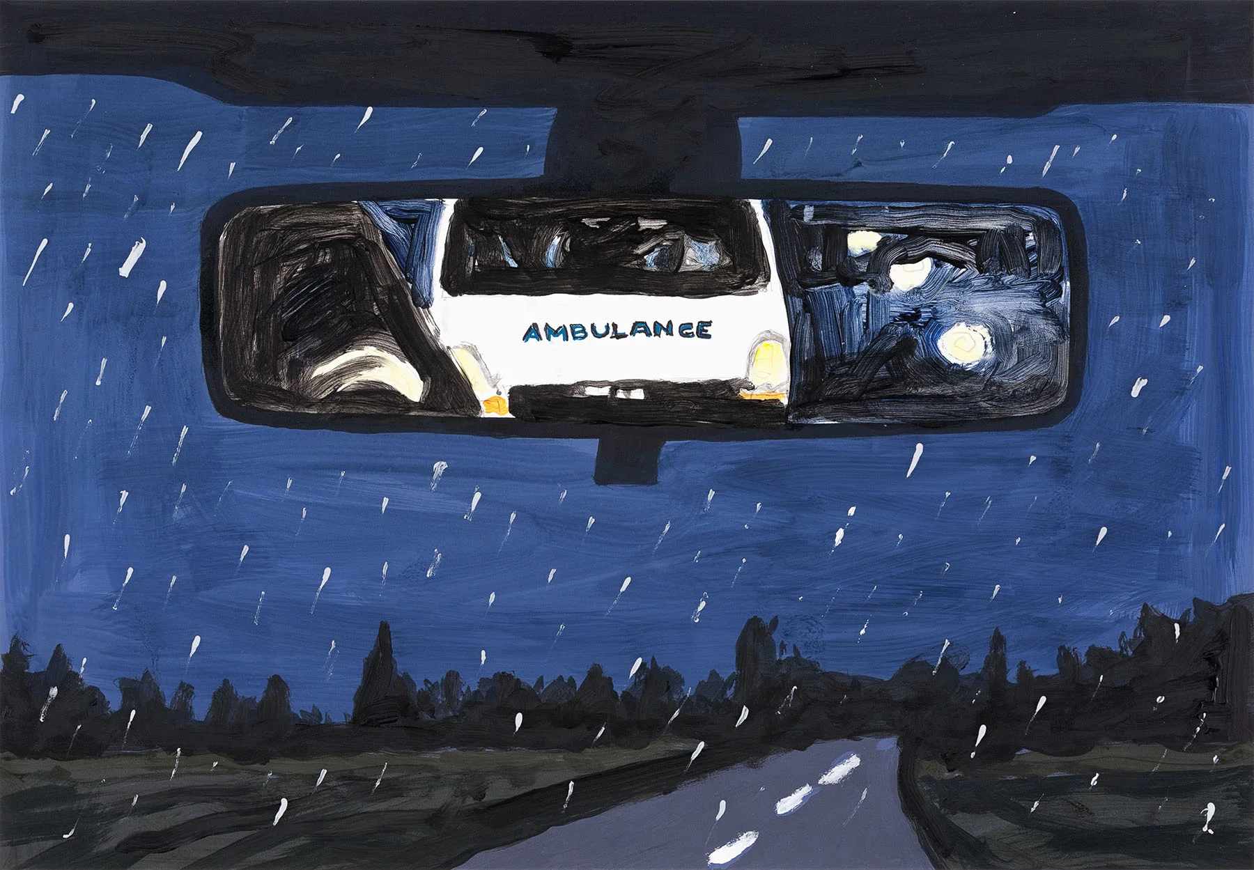 Rear View Night A 2017, monoprint/uniquely hand painted, 21.75” x 29.75”, $3000.