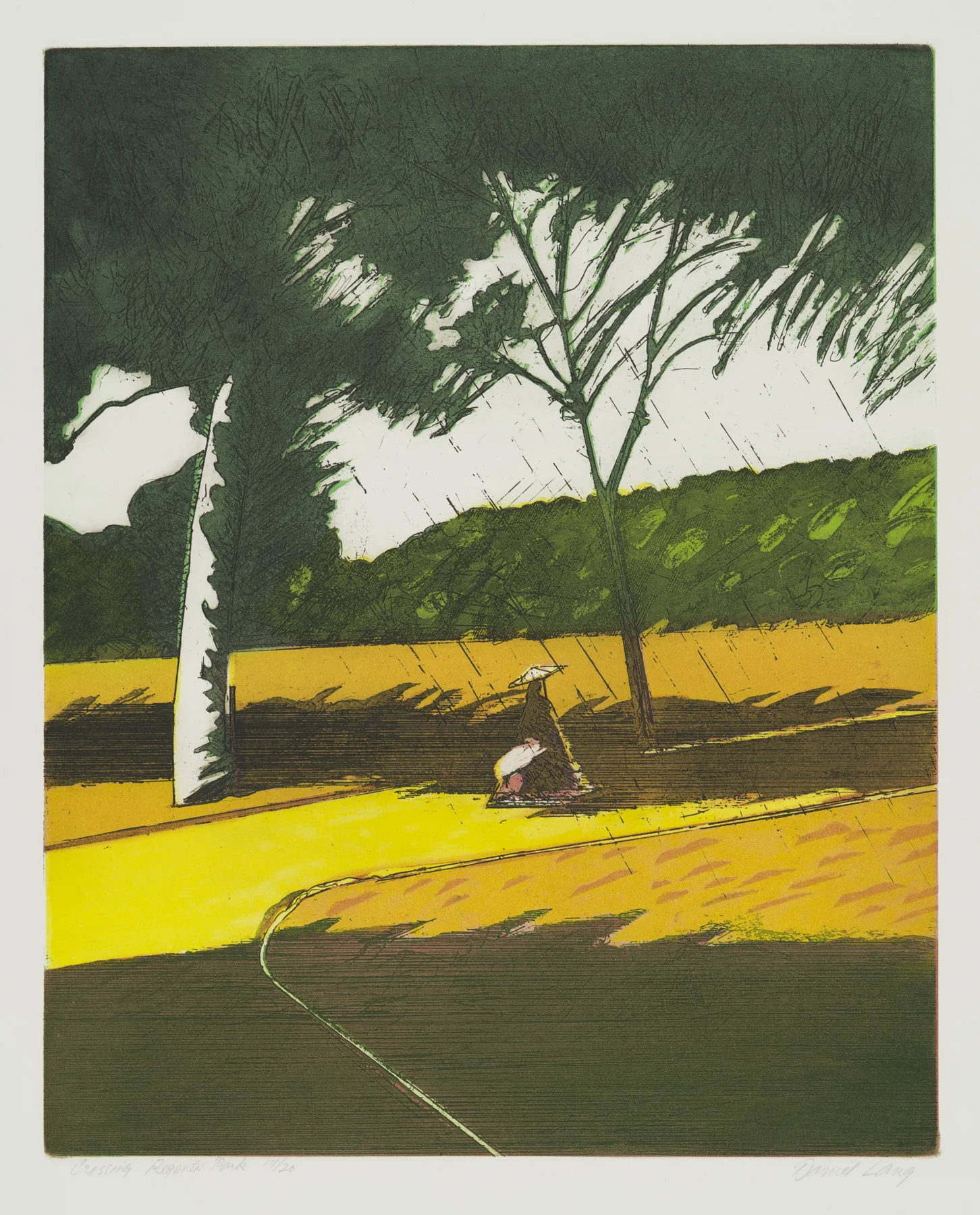 Crossing Regents Park 1981, etching/aquatint, 30" x 23.5", ed: 20, $1200.* (rare)