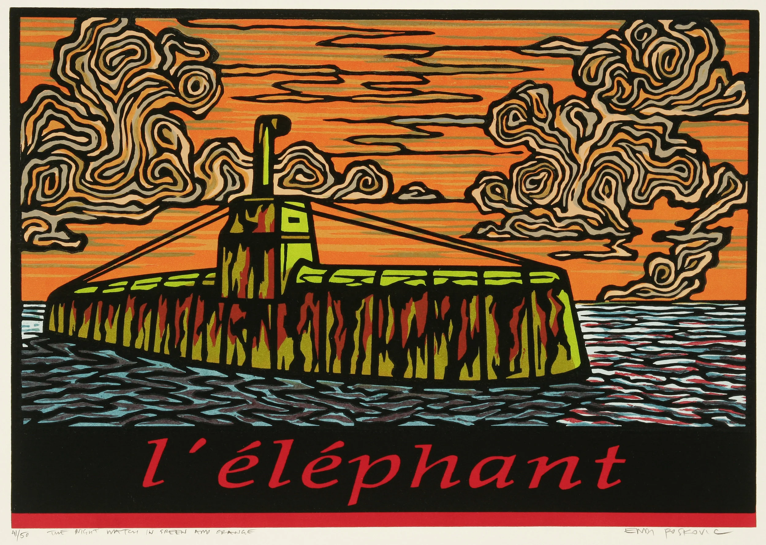    The Night Watch in Green and Orange (l'éléphant)   2007, woodcut, 22" x 30”, ed: 50, $1000.* 