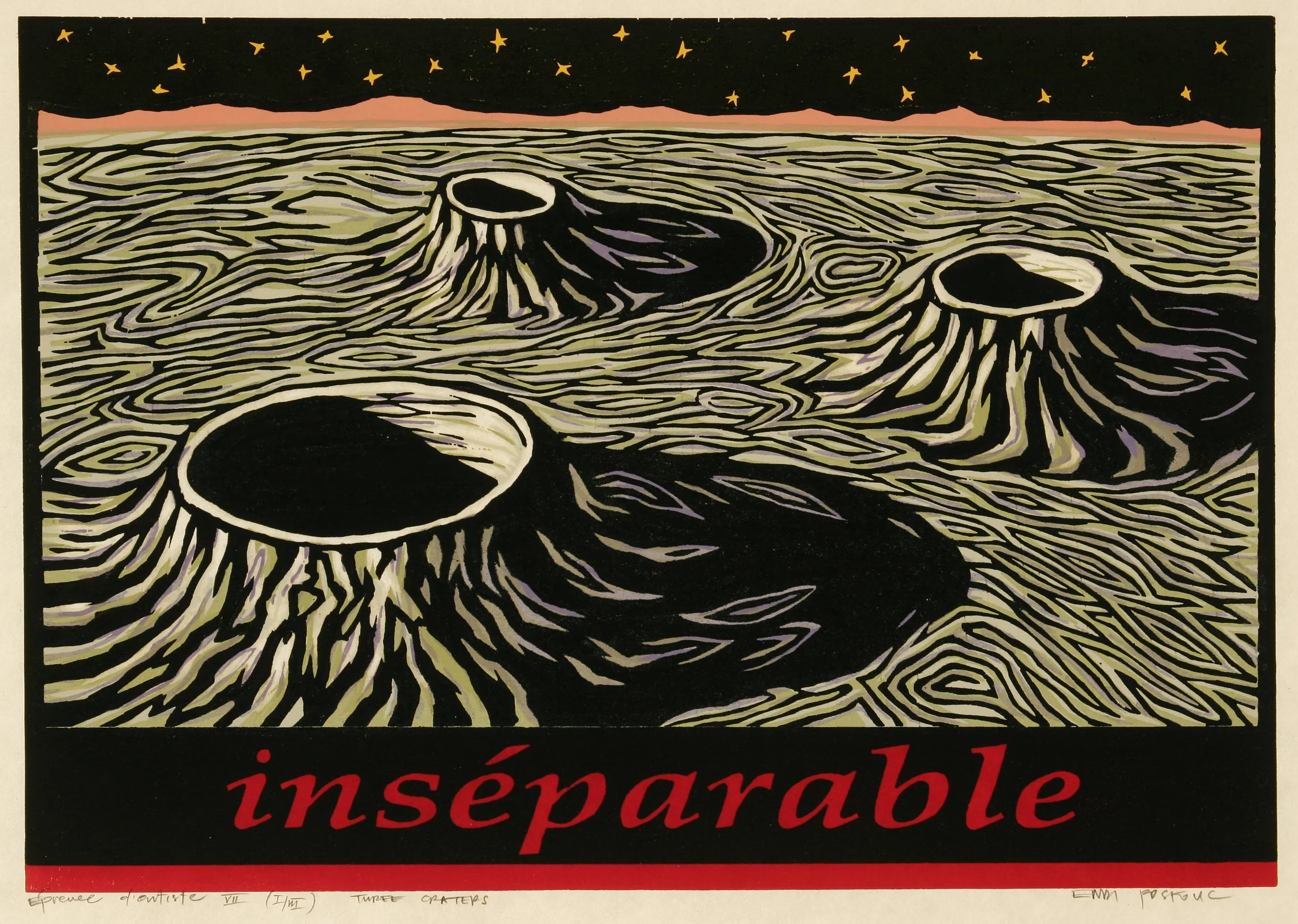    Three Craters (inséparable)   2007, woodcut, 21" x 27”, ed: 50, $800.* 