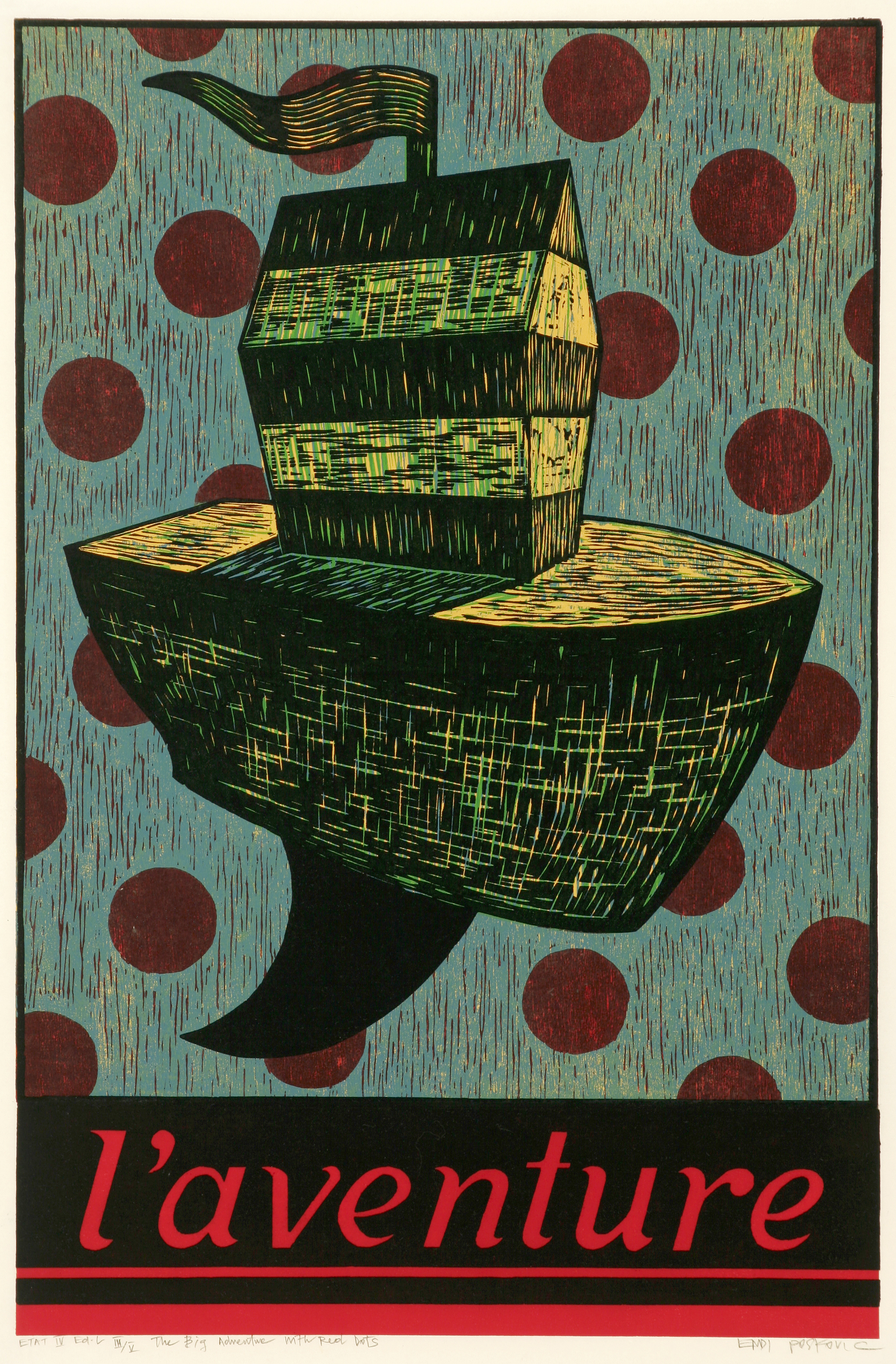 The Big Adventure with Red Dots (l'aventure) 2002, woodcut, 38.5” x 25.5”, ed: state IV, III/V, $1800.*