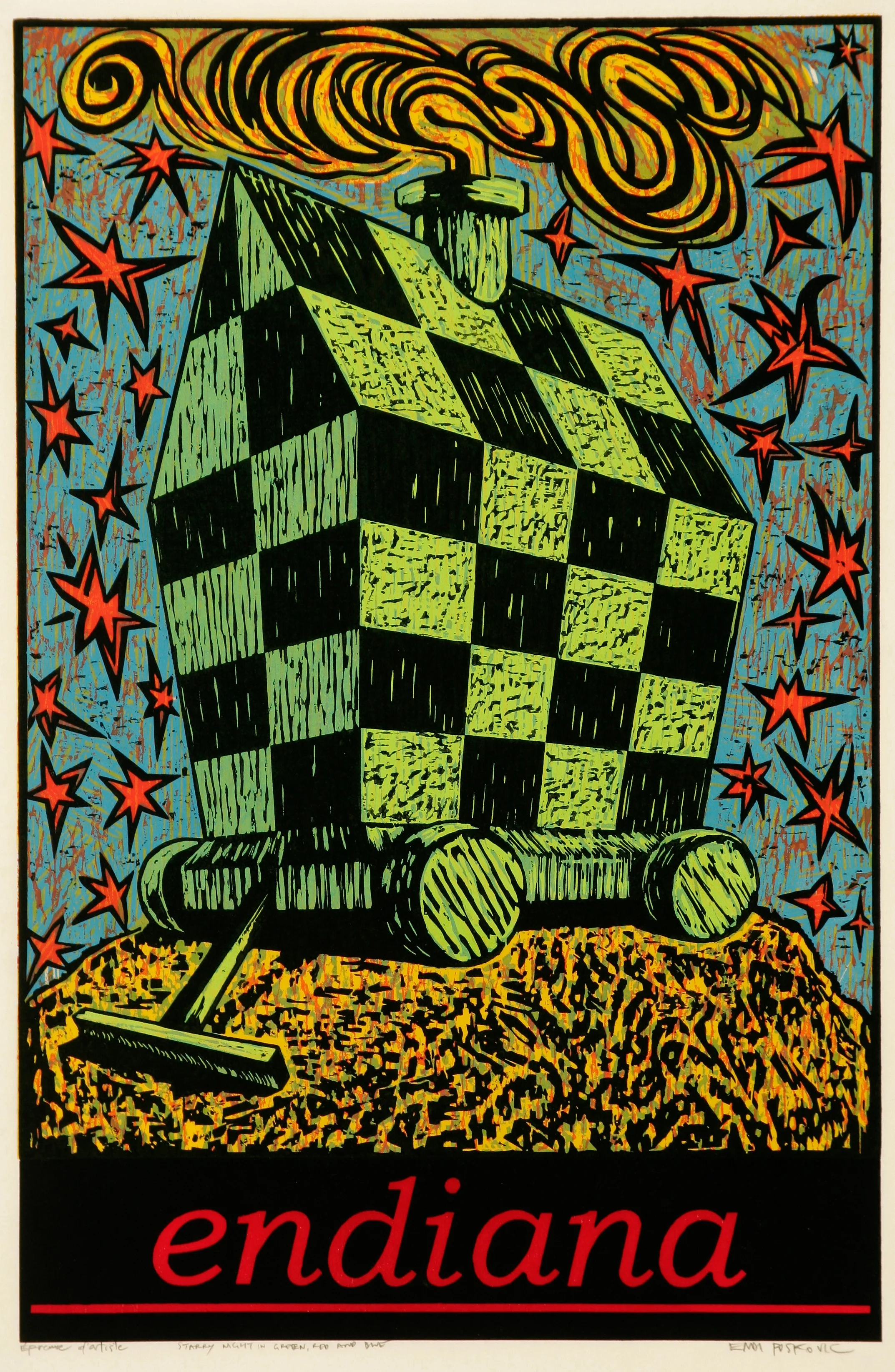    Starry Night in Green, Red, and Blue (endiana)   2001, woodcut, 38.5" x 25.5" ,&nbsp;ed: A.P., &nbsp;POR* 