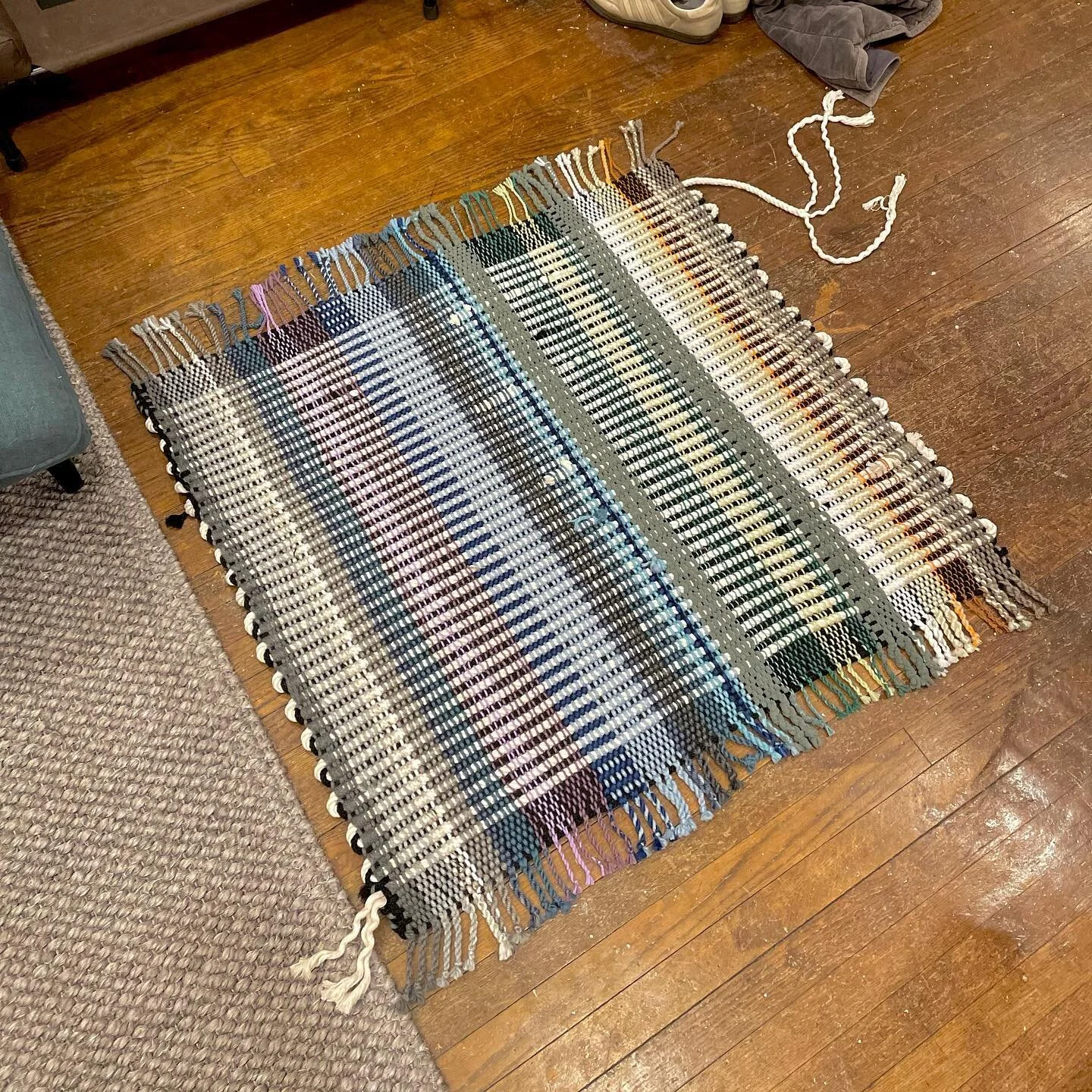 The Spring Shower&rsquo;s Rope Rug.

I guess my new thing lately has been warping my loom with 15-20+ yards of a color pallet, this one I named Spring Shower&rsquo;s, and weaving a set of rugs from it. Each rug is woven differently, but they all are 