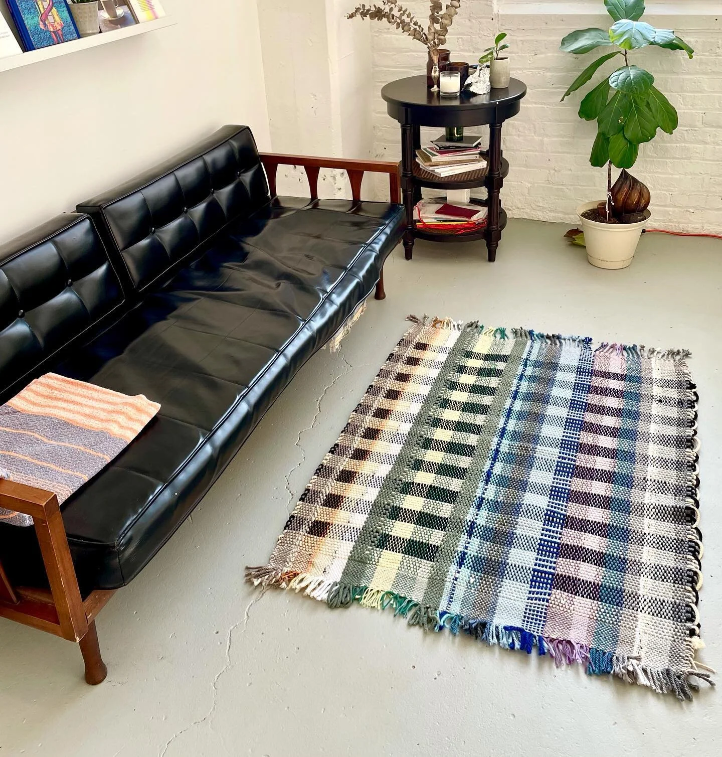 Studio living room views with the last!!! Springs Showers rug. 

All recycled materials. Machine washable. 39&rdquo; x 55&rdquo; . DM/email if interested :) 

#chicagotextiles #textileart #textiledesign #textileartist #wovenrug #woventextiles #chicag