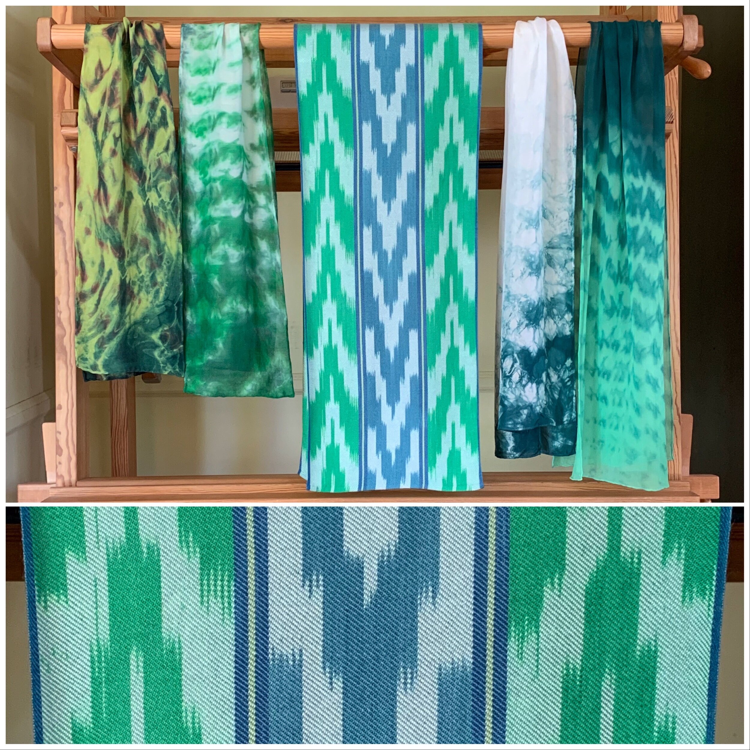 Beth Rentsch - ikat dyed/woven scarf & Shibori dyed scarves