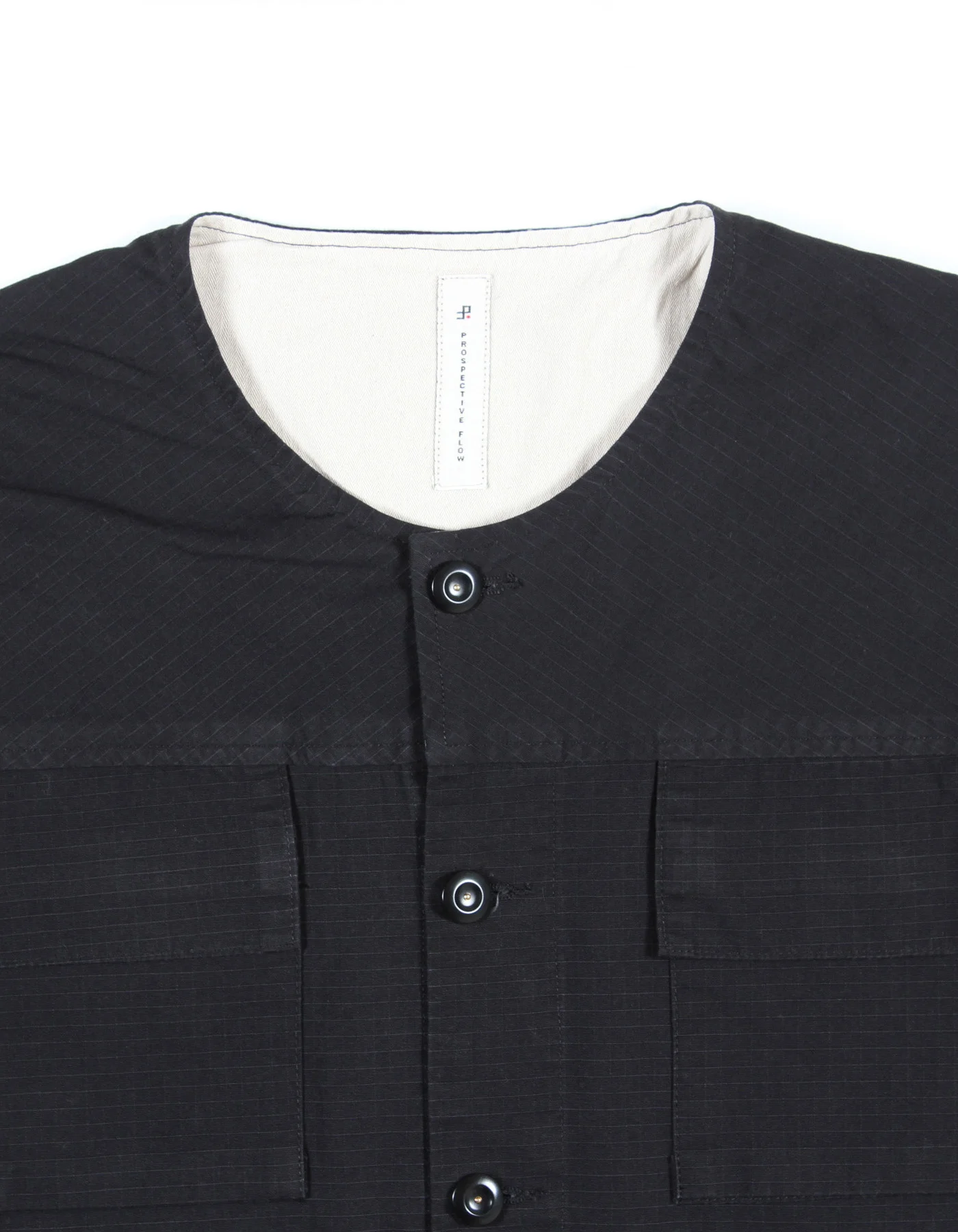 Detail of collar on black Riku jacket by プロスペクティブフロウ