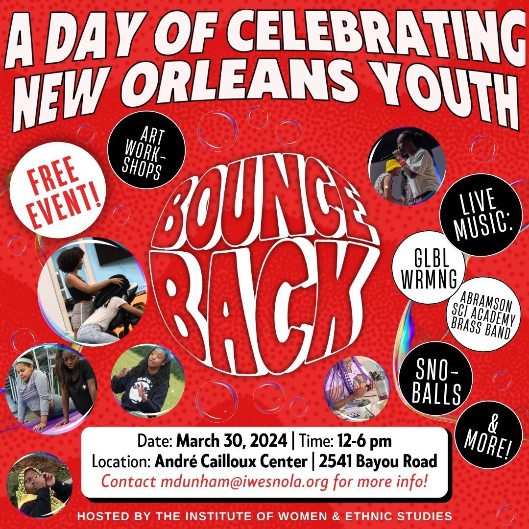 It's almost time for the biggest youth event of 2024 in New Orleans! Are you ready for Bounce Back? 🫧❕Bounce Back is a project that supports resilience by engaging young people in the arts, so join us at a wellness event where you can do everything 