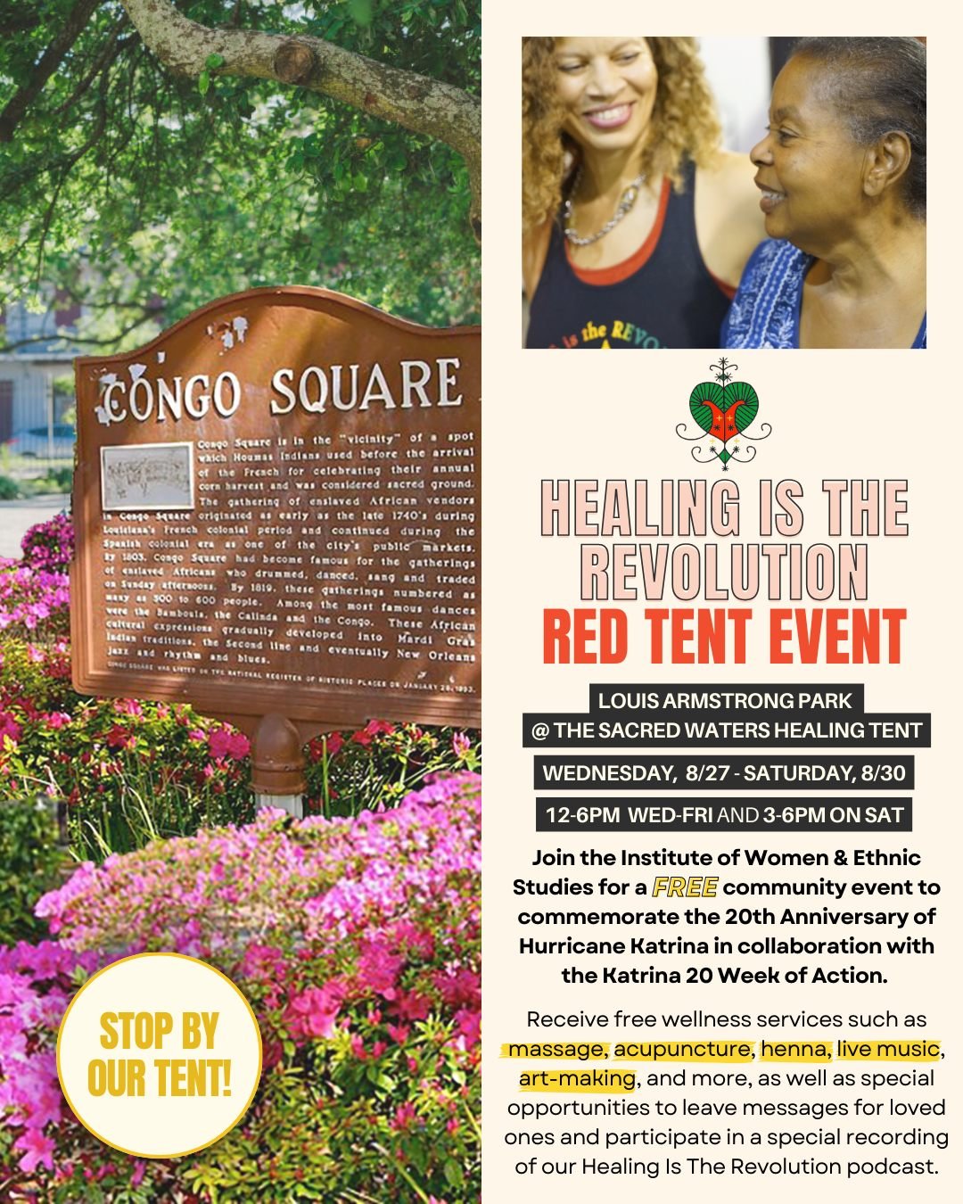 New Orleans, this is for you. ❤️ In honor of the 20 year commemoration of Hurricane Katrina, and in partnership with the Katrina 20 Week of Action, we're bringing you a very special Red Tent event this Wednesday - Saturday at Louis Armstrong Park to 