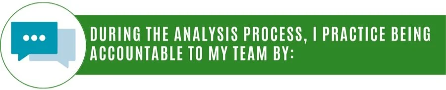 A graphic of speech bubbles and a green rectangle with the following text on top in white typeface: "During the analysis process, I practice being accountable to my team by:" 