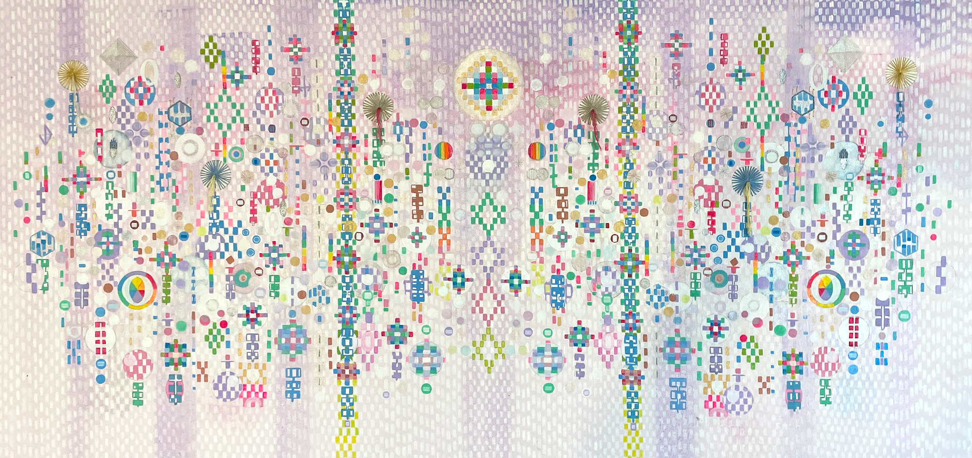  oil & mica-infused oils & interference oils & embroidery on canvas 24"x46"