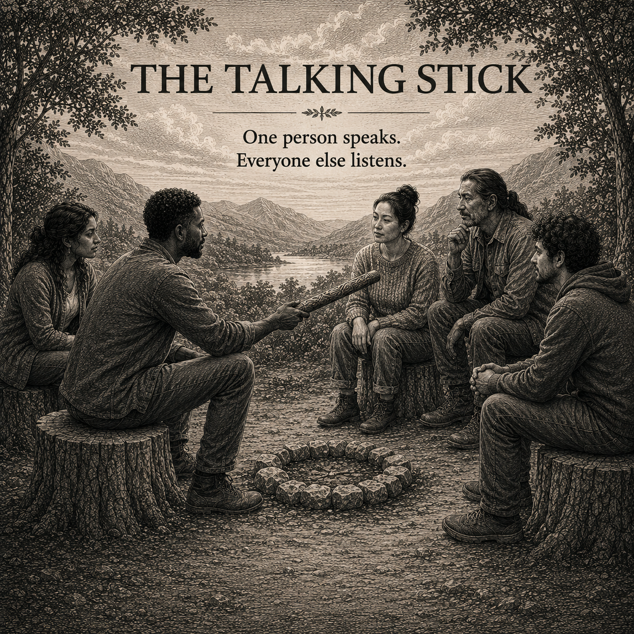 A diverse group sitting in a circle outdoors passing a carved talking stick from one speaker to the next.