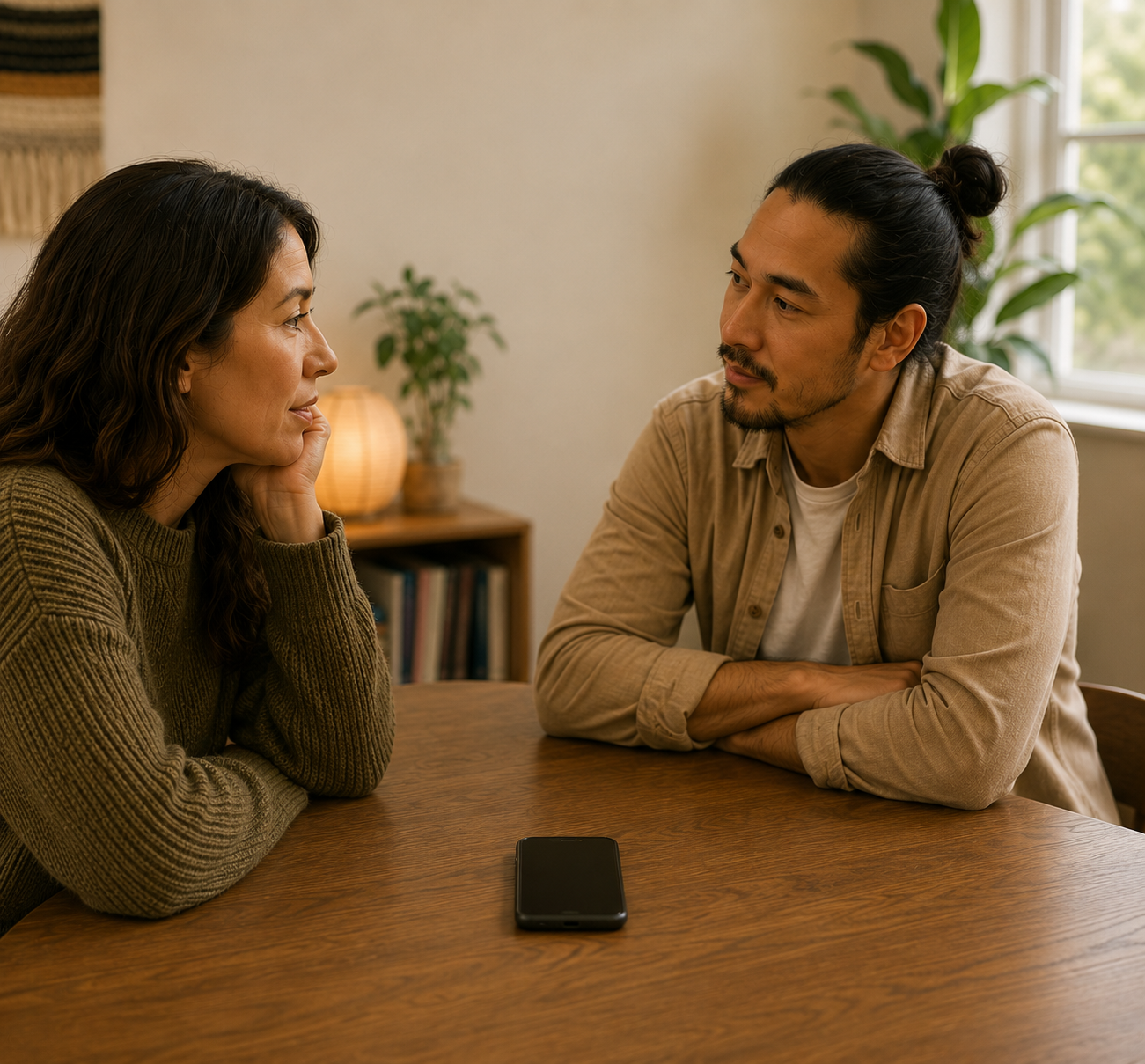 Two people in conversation across a table with a smartphone placed between them, illustrating how the presence of a phone can affect attention, eye contact, and connection during meaningful conversations.