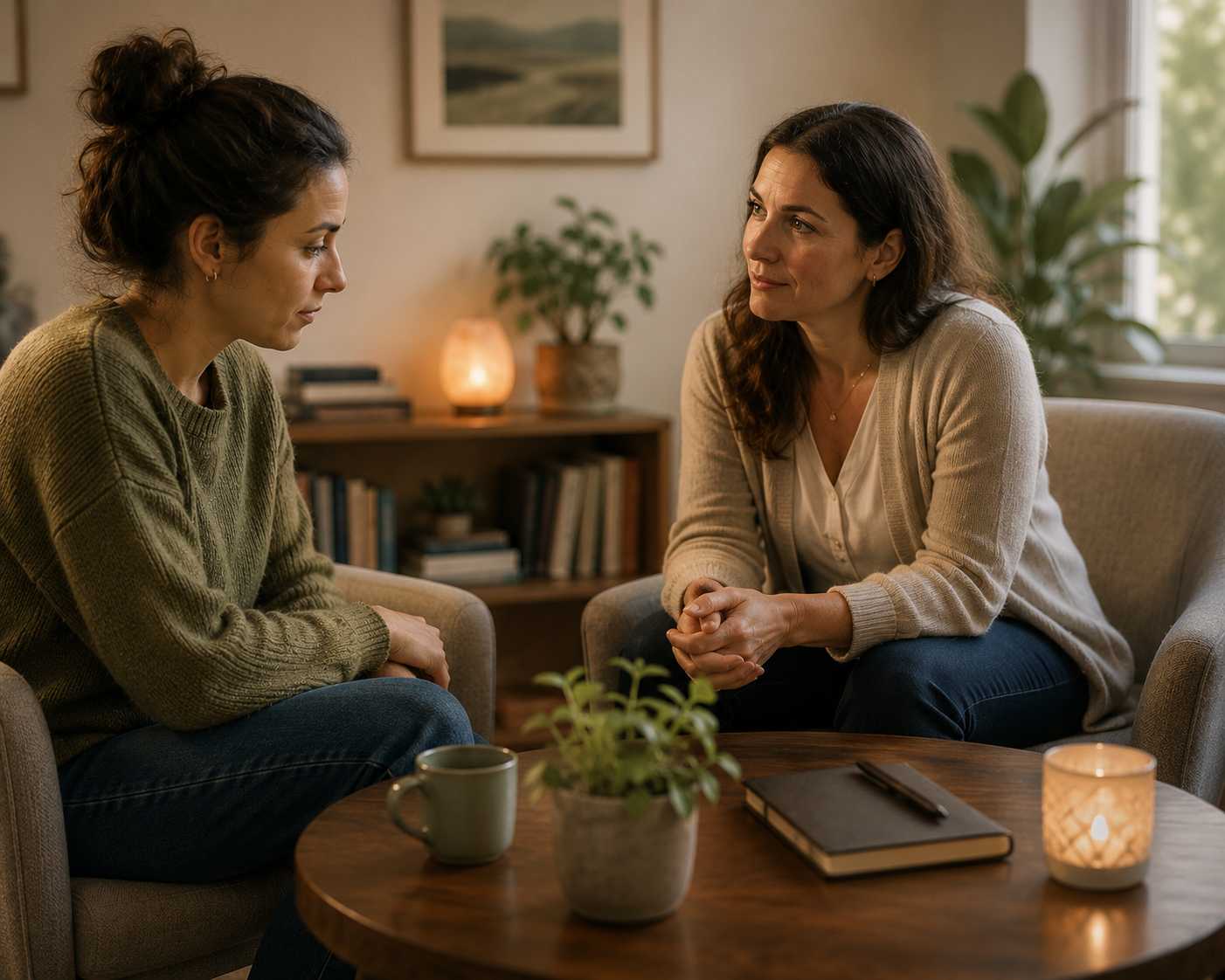 Two women in a supportive conversation, illustrating how safety, presence, and gentle attention can foster connection without demanding direct eye contact.