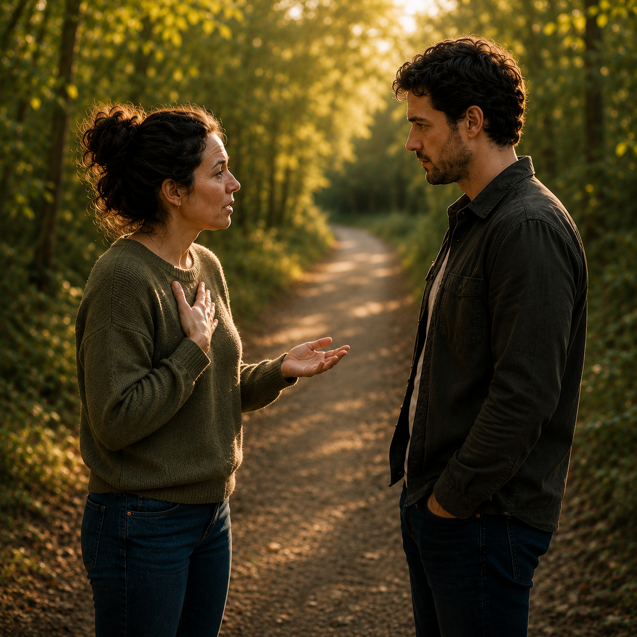 A woman speaks with one hand on her chest and the other open while a man listens and meets her eyes, on a forest path at golden hour.
