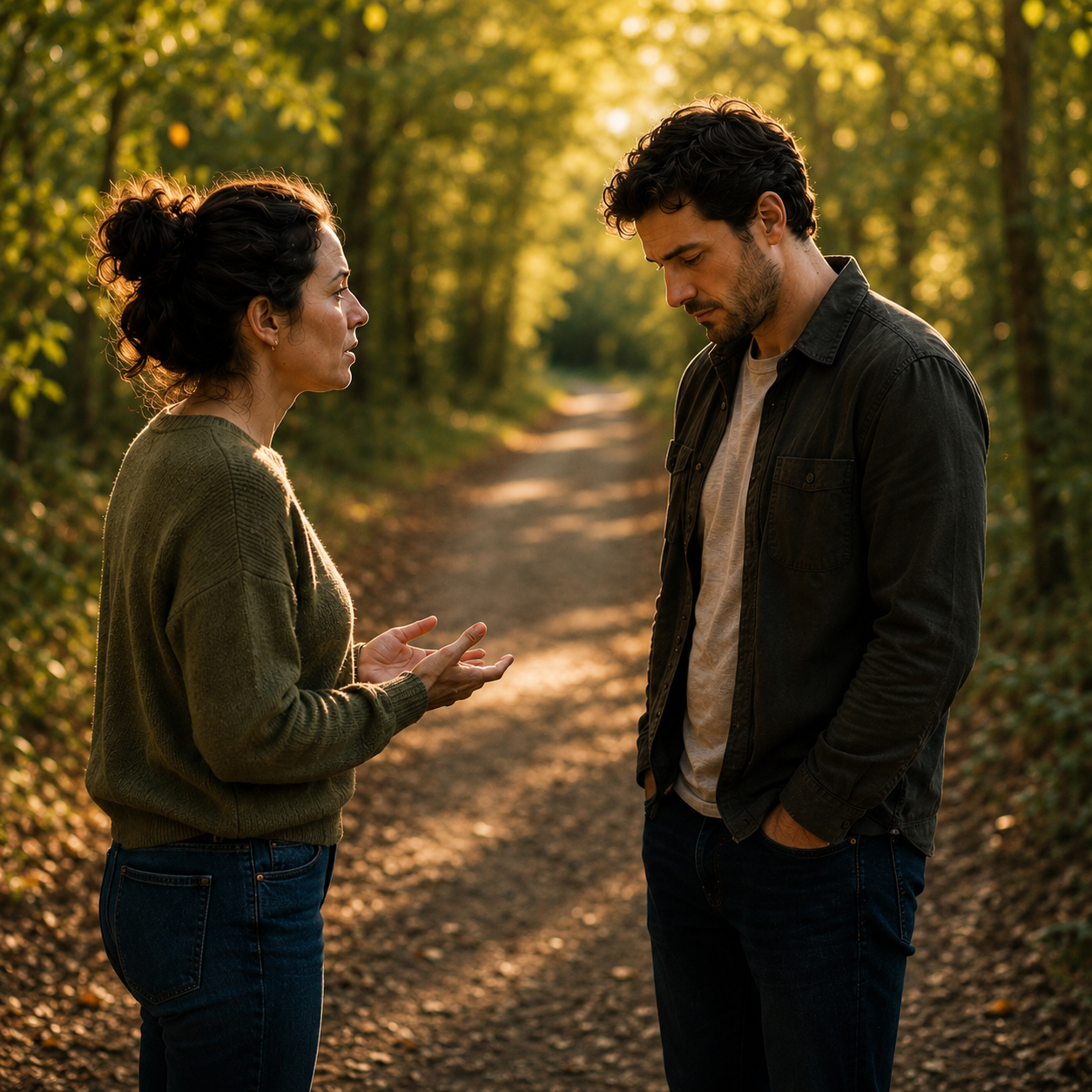 A man listens, eyes lowered, as a woman speaks with open hands on a sunlit forest path.