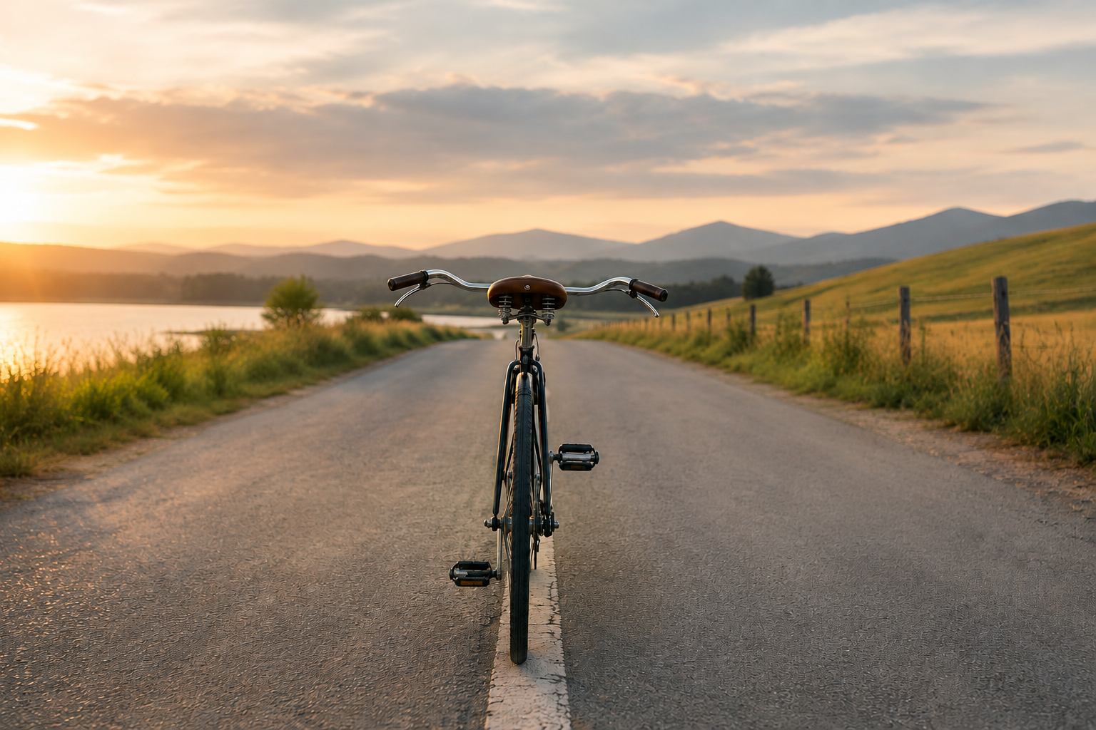 Vintage bicycle balancing on a quiet country road at sunset, symbolizing the mediator's practice of balance, empathy, omnipartiality, and presence during difficult conversations.