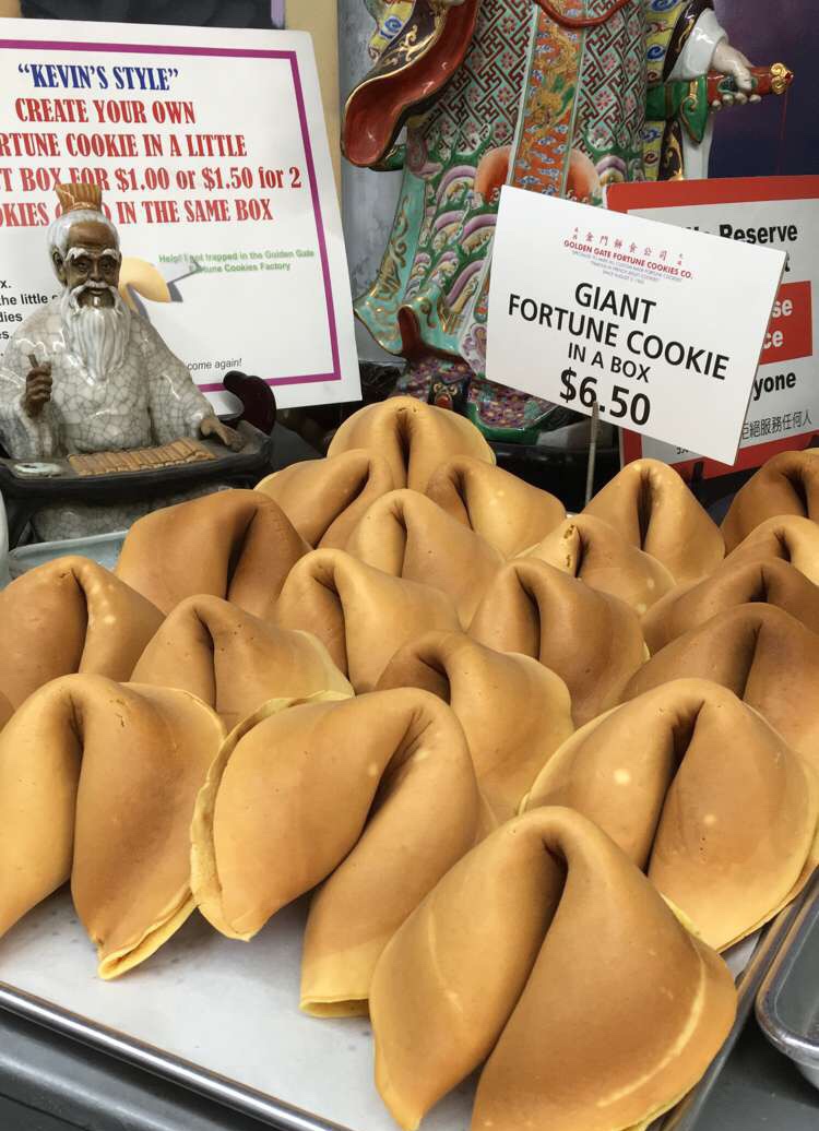 Giant fortune cookies for sale at the Golden Gate Fortune Cookie Factory