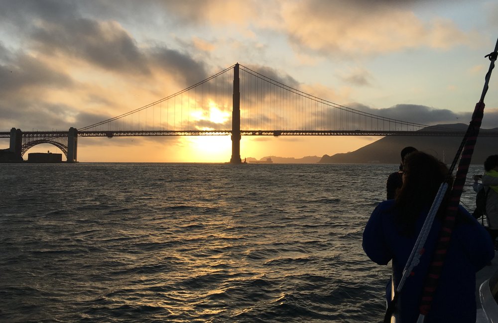 View of the Golden Gate Bridge from a sunset cruise