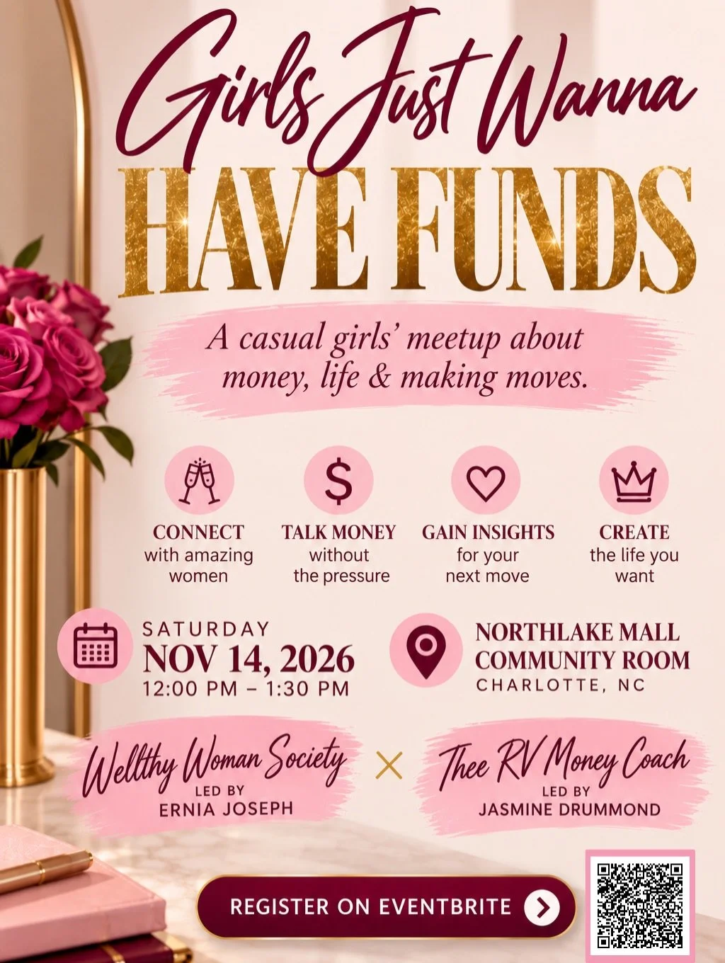 ✨ GIRLS JUST WANNA HAVE FUNDS! 💸💗

Who says talking about money can&rsquo;t be fun?! 
Join Wellthy Woman Society and @theervmoneycoach for an afternoon of money conversations, meaningful connections, and a little girl time!

We&rsquo;re bringing wo