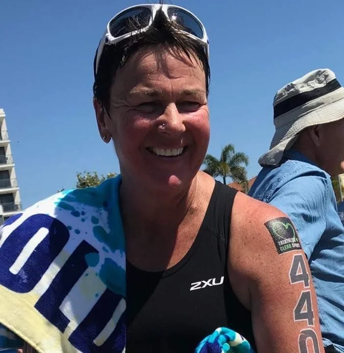 Shaz Dagg Smiling after completing a Triathlon.