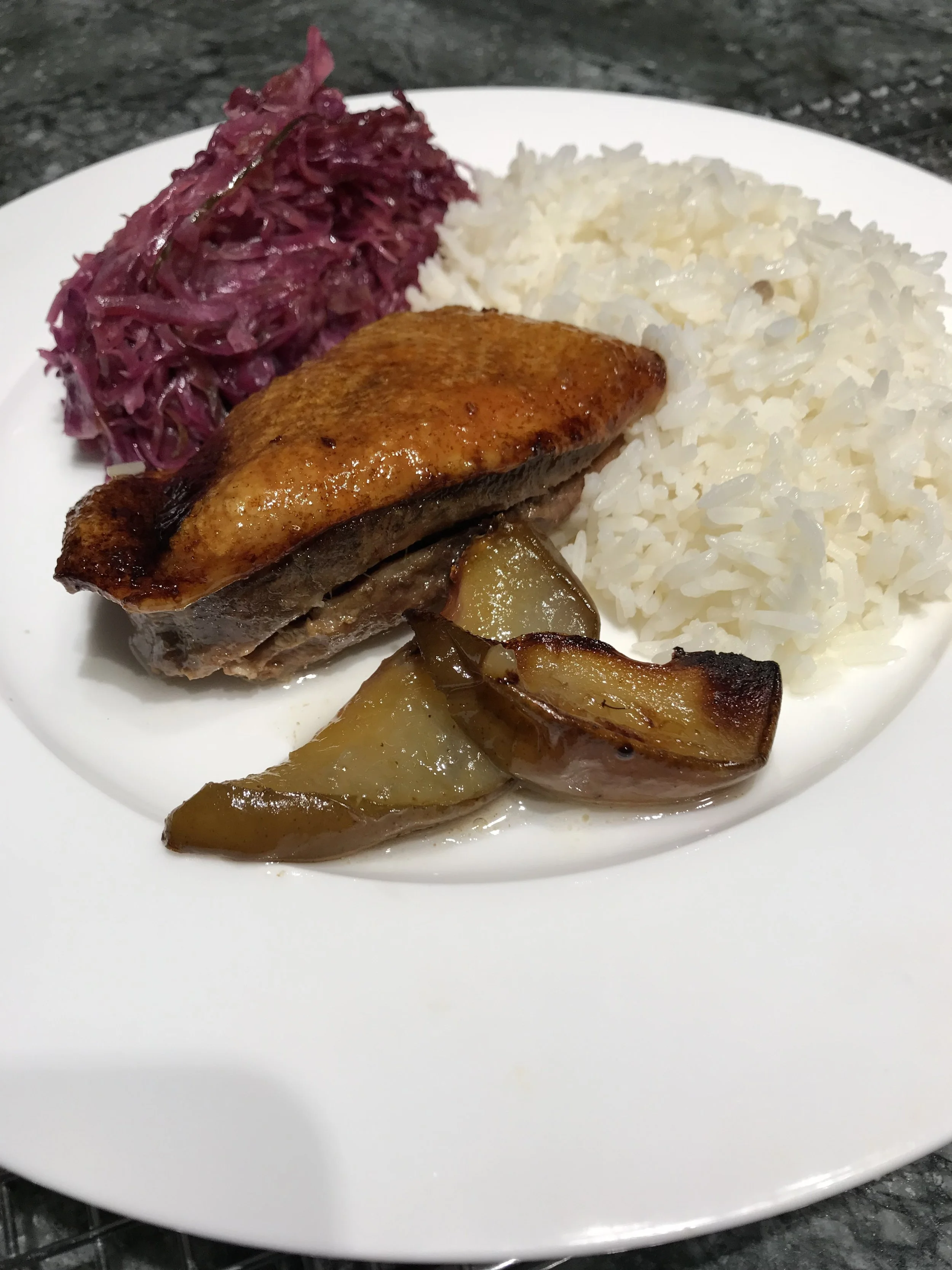 Oven baked Duck breast with sweet & sour cabbage and steamed Jasmine rice