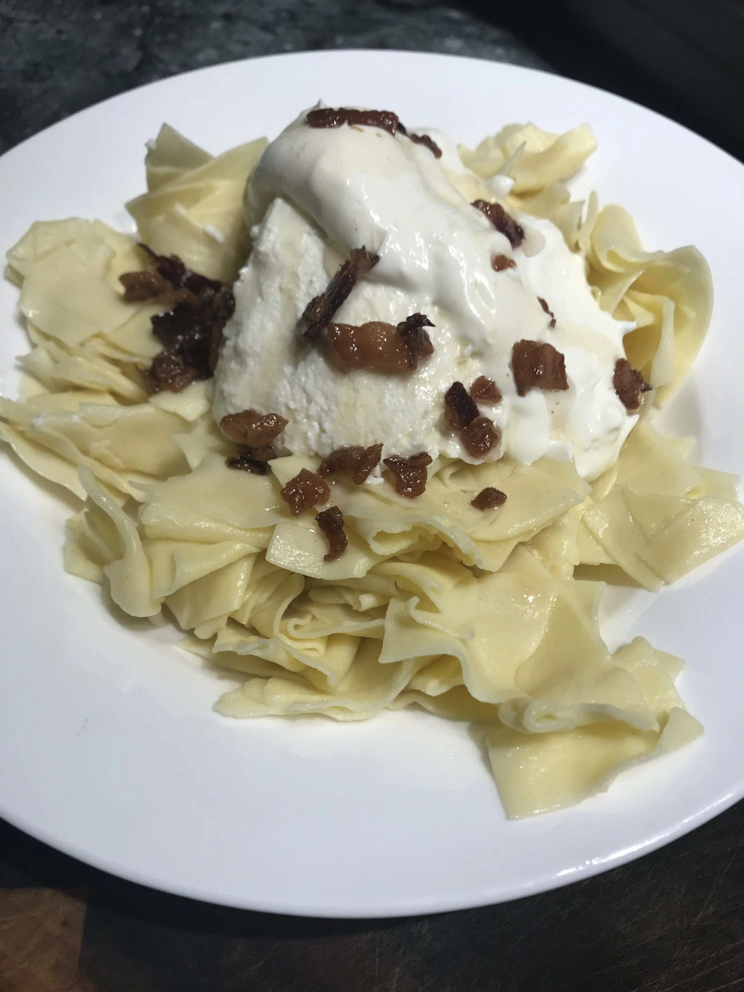 Fresh Pasta with Ricotta, Sour Cream and Bacon (Speck) - (Turos Csusza)