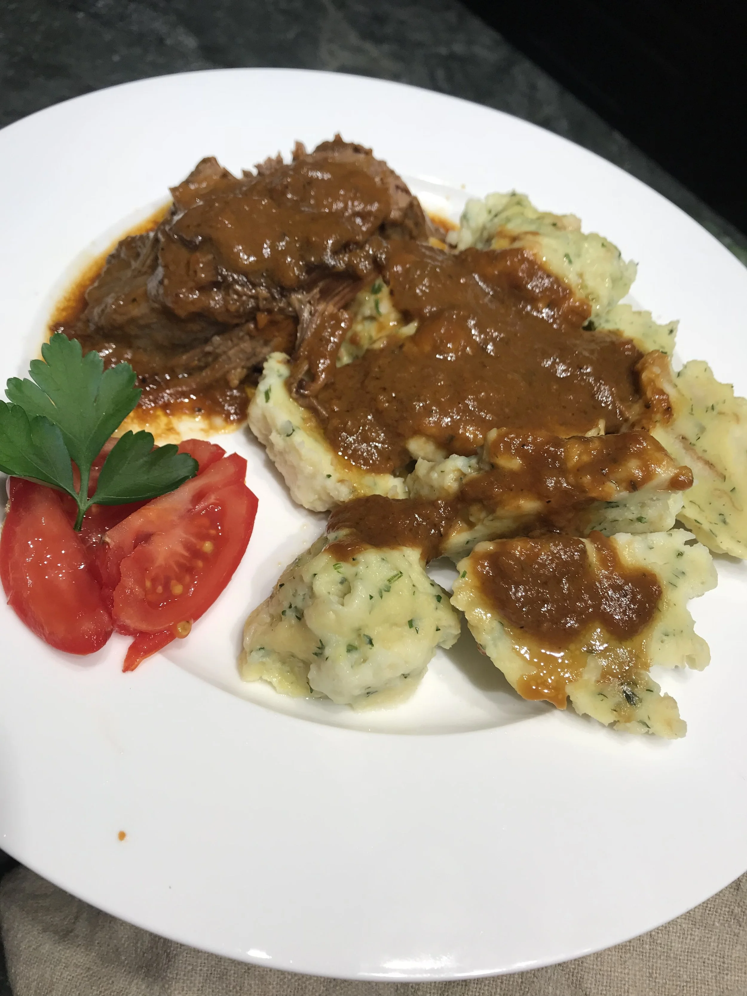Slow cooked Beef with german bread dumpling (Knodl)