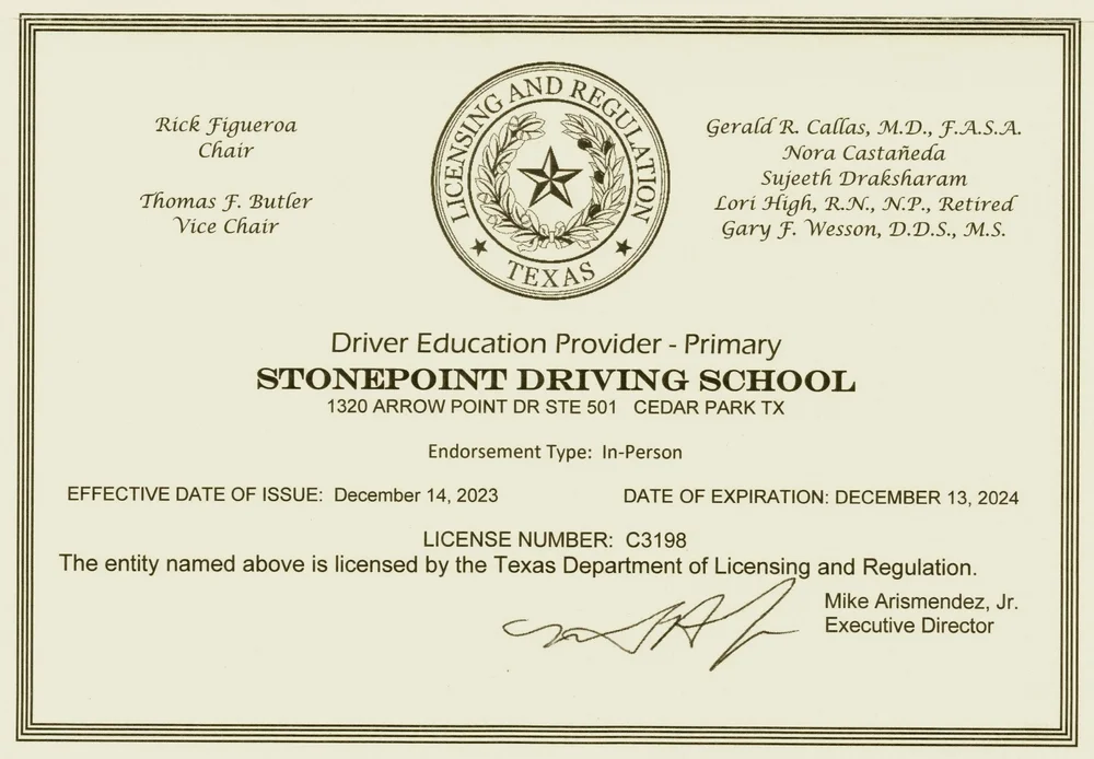 school-licenses-stonepoint-driving-school-cedar-park-tx for Defensive Driving Course Online Texas Free Printable Certificate School Licenses — STONEPOINT DRIVING SCHOOL - Cedar Park - TX for Defensive Driving Course Online Texas Free Printable Certificate