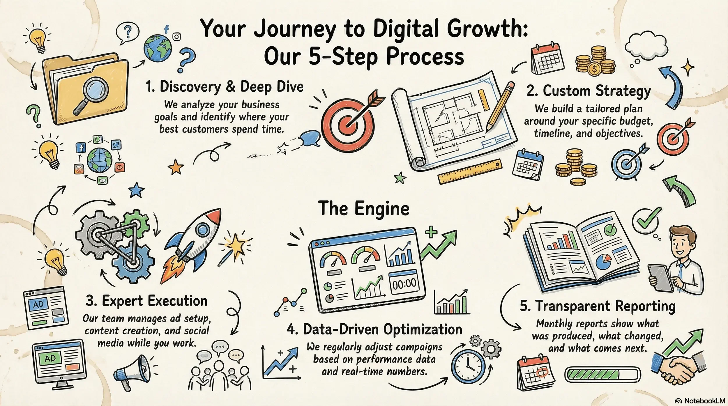 Infographic showing Mapped Social's 5-step digital marketing process including Discovery and Deep Dive, Custom Strategy, Expert Execution, Data-Driven Optimization, and Transparent Reporting