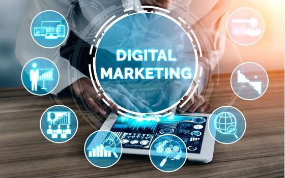 Digital marketing services illustration showing social media, analytics, and online advertising icons