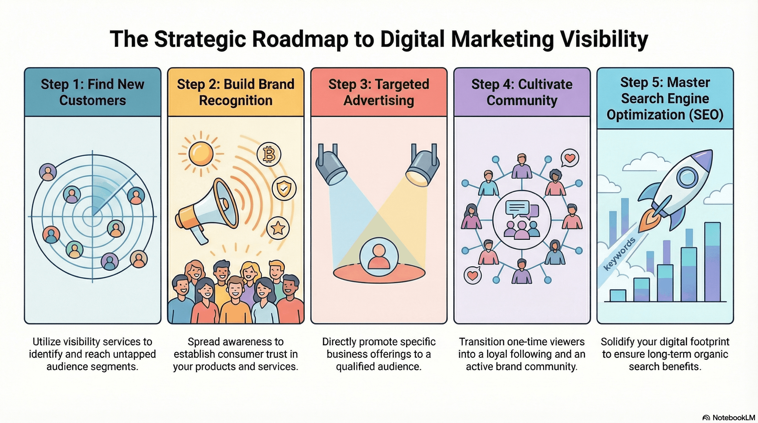 Infographic showing the five-step strategic roadmap to digital marketing visibility including finding new customers, building brand recognition, targeted advertising, cultivating community, and mastering SEO