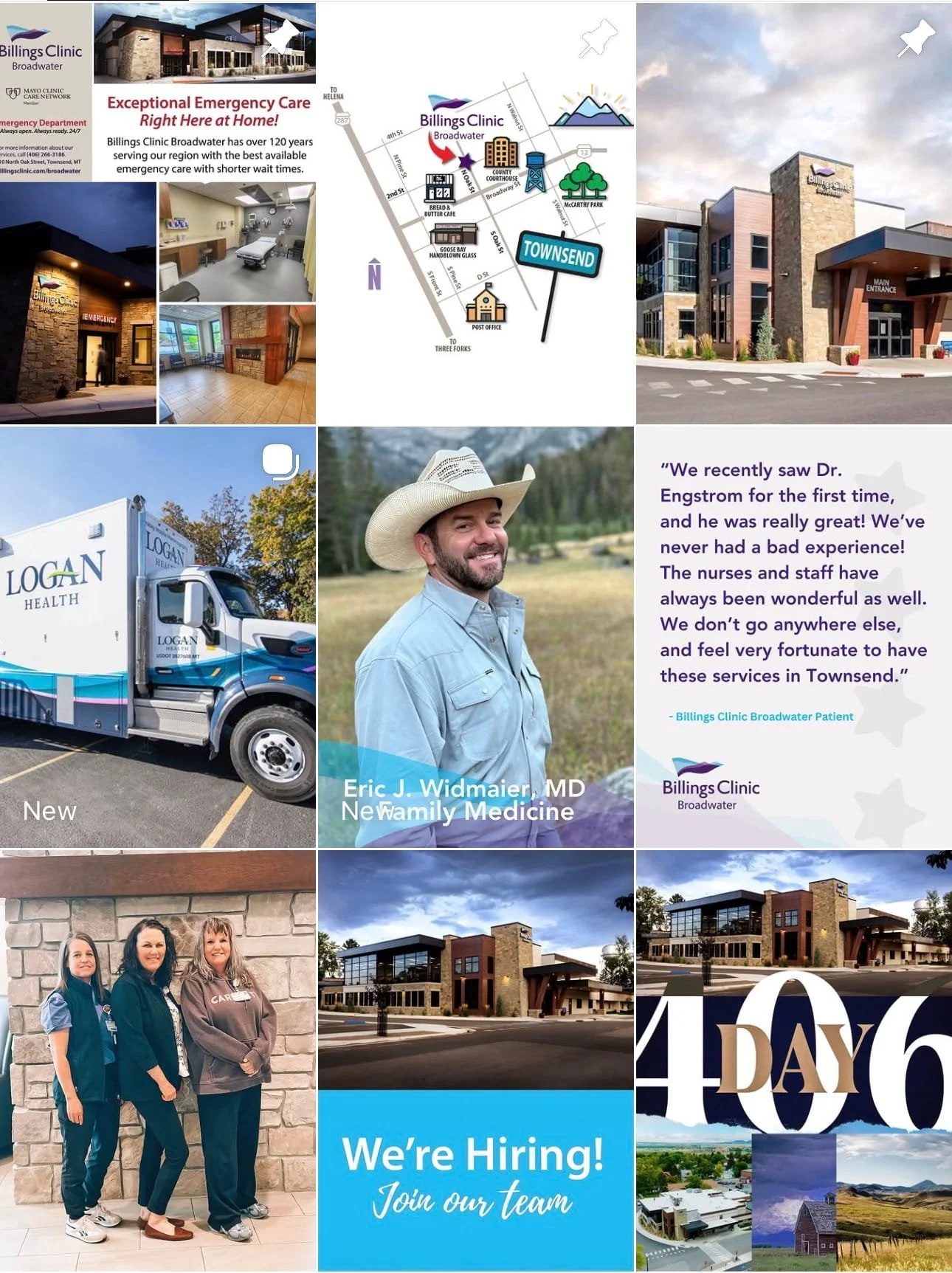 Billings Clinic Broadwater healthcare social media content grid showing community messaging, staff features, and facility photography produced by Mapped Social