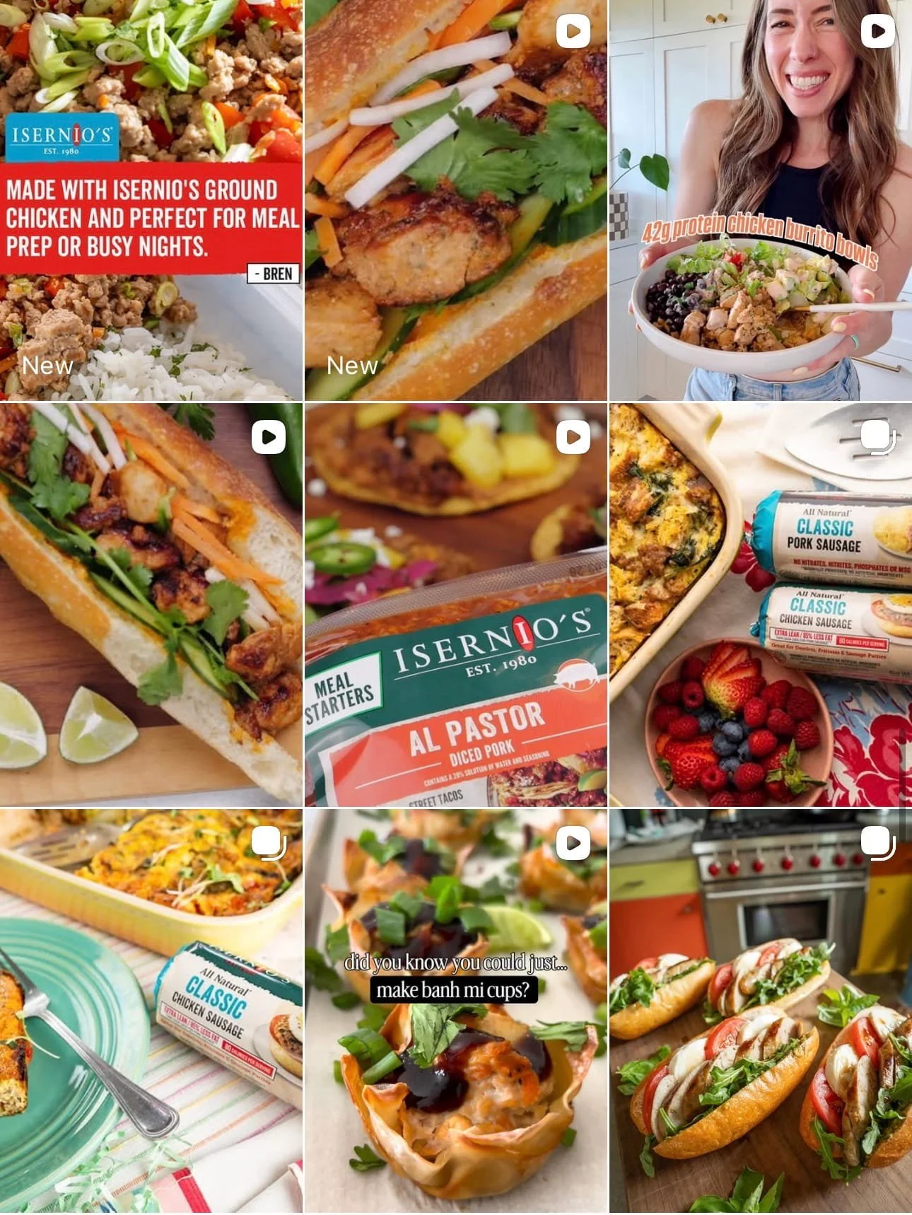 Isernios ground chicken and sausage social media content grid showing recipe-based UGC and branded food photography produced by Mapped Social