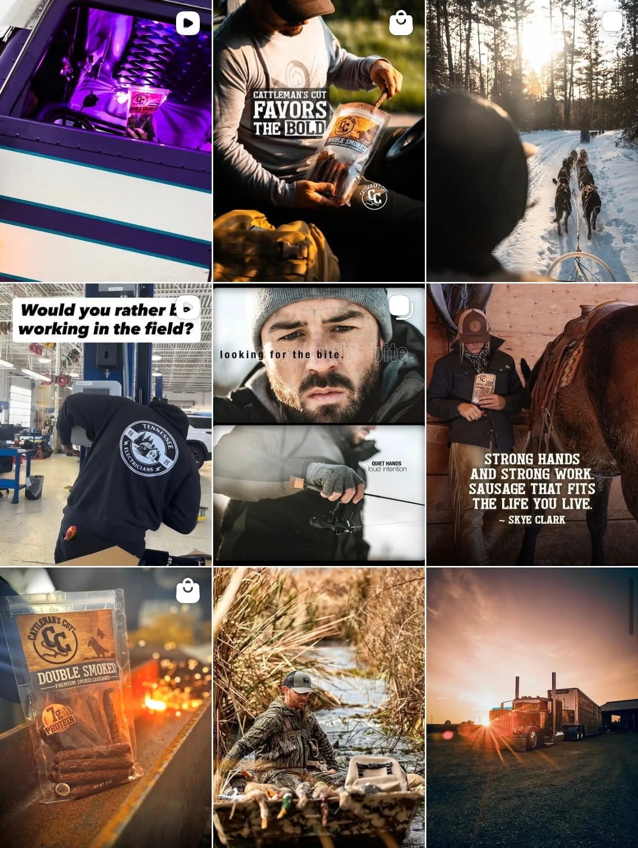 Cattleman's Cut beef jerky social media content grid showing lifestyle, outdoor, and UGC campaign content produced by Mapped Social